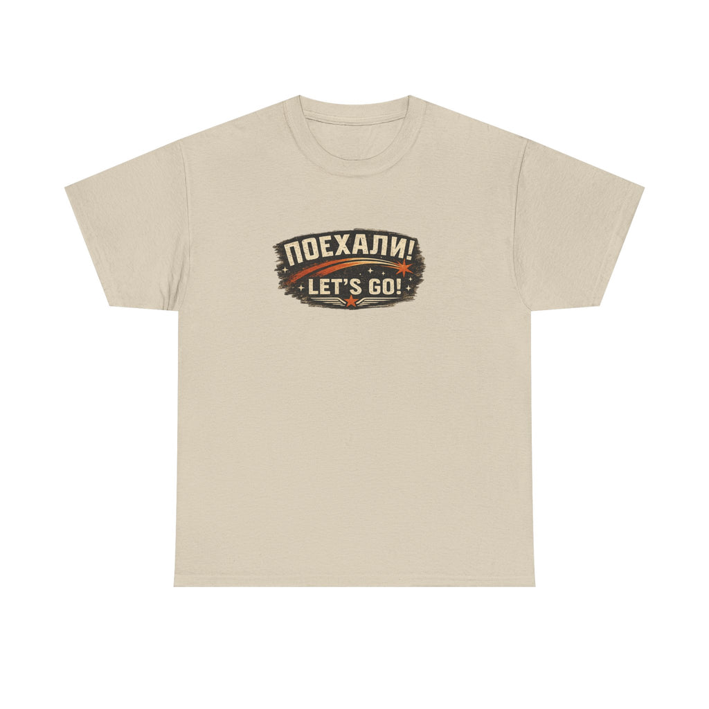 Sand Let's Go! Yuri Gagarin T-shirt front displayed on a tee, featuring the distressed retro chest emblem by RIOTTEES.