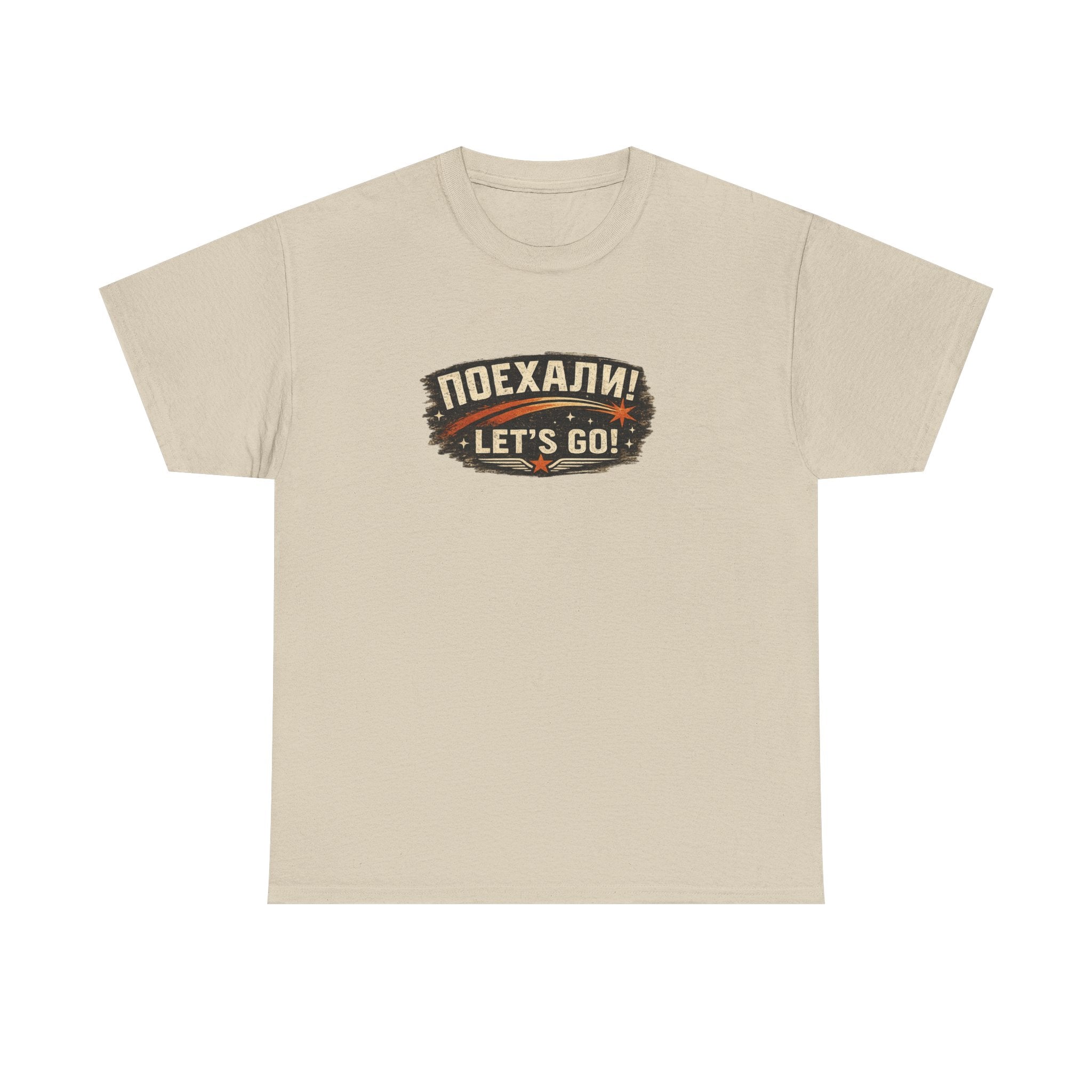 Sand Let's Go! Yuri Gagarin T-shirt front displayed on a tee, featuring the distressed retro chest emblem by RIOTTEES.