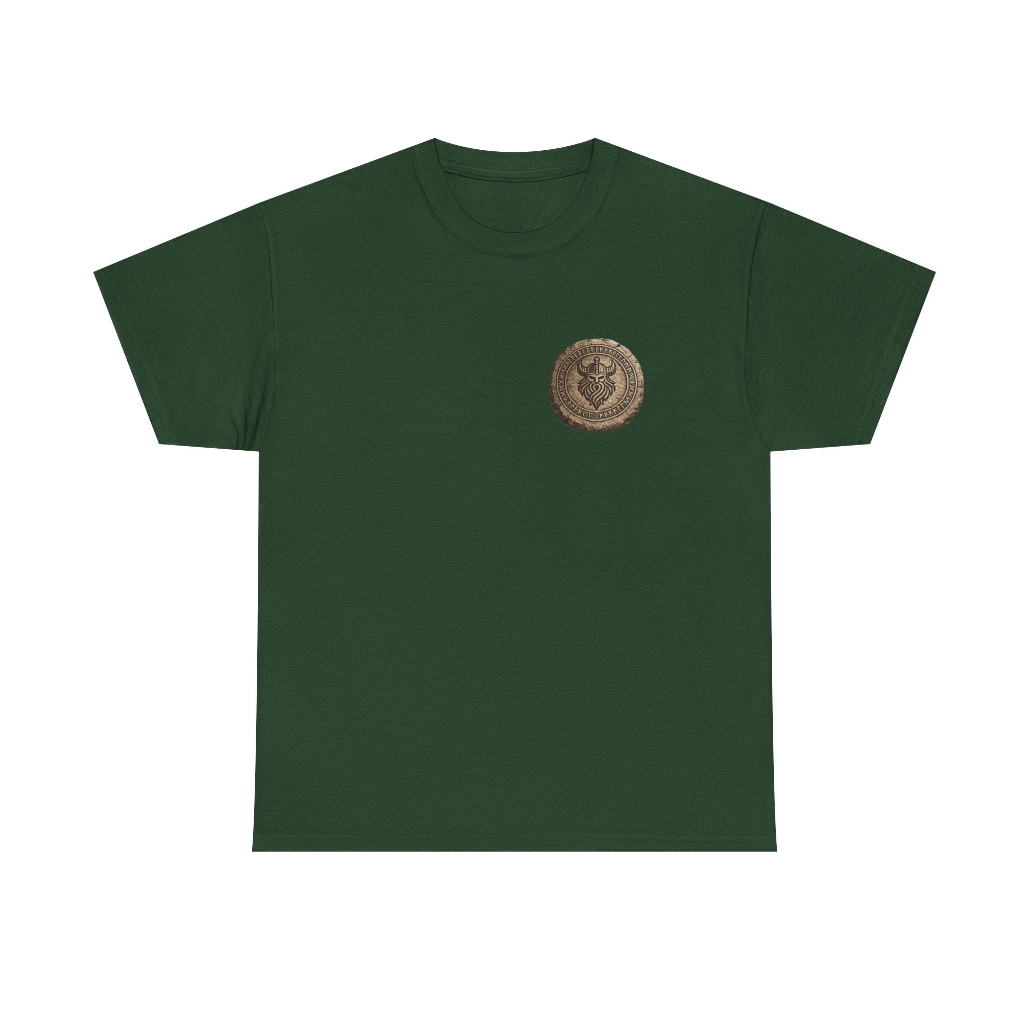 Forest Green t-shirt showing the front of the Viking - The Gods Are Gone The Legends Remain Tee featuring a carved Norse runestone medallion by RIOTTEES.