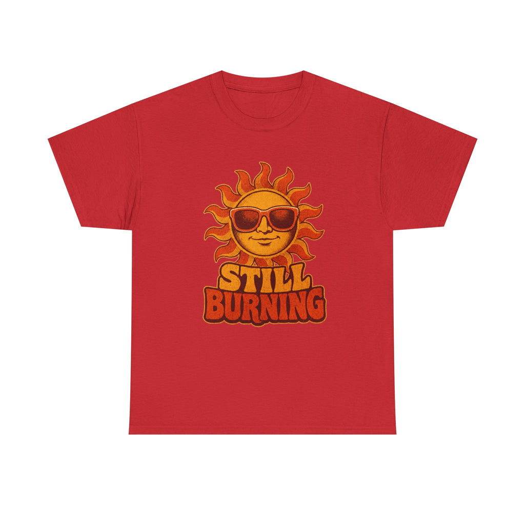 Red Still Burning Vintage Tee with the Still Burning vintage sun artwork clearly visible, by RIOTTEES.