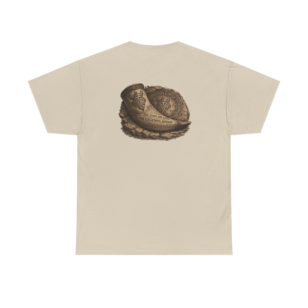 Sand floating t-shirt showing the back of the Viking - The Gods Are Gone The Legends Remain Tee featuring an ancient Viking drinking horn resting against a carved runestone with the words "THE GODS ARE GONE. THE LEGENDS REMAIN." by RIOTTEES.