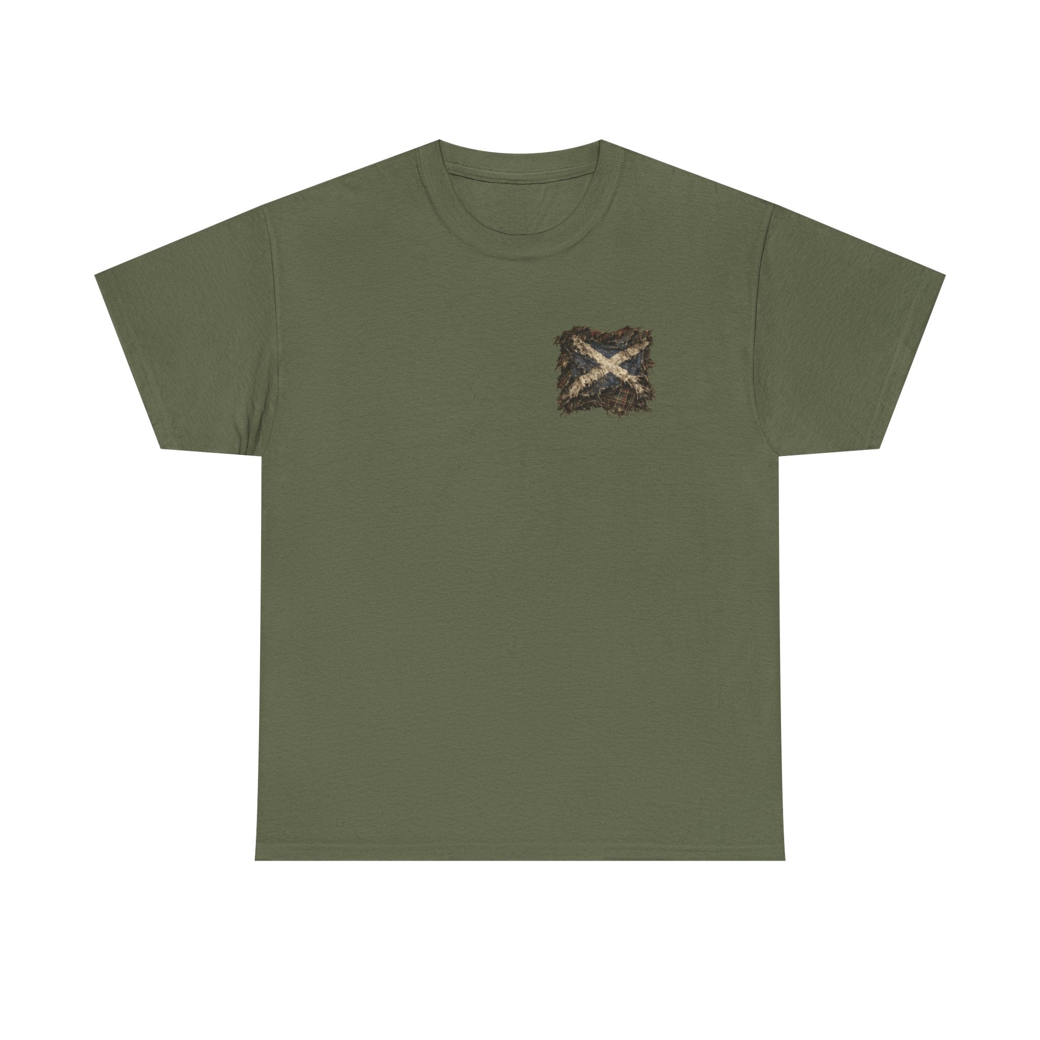 A military green Gildan 5000 t-shirt featuring the Modern Scotland small distressed Saltire emblem on the left chest, by RIOTTEES.