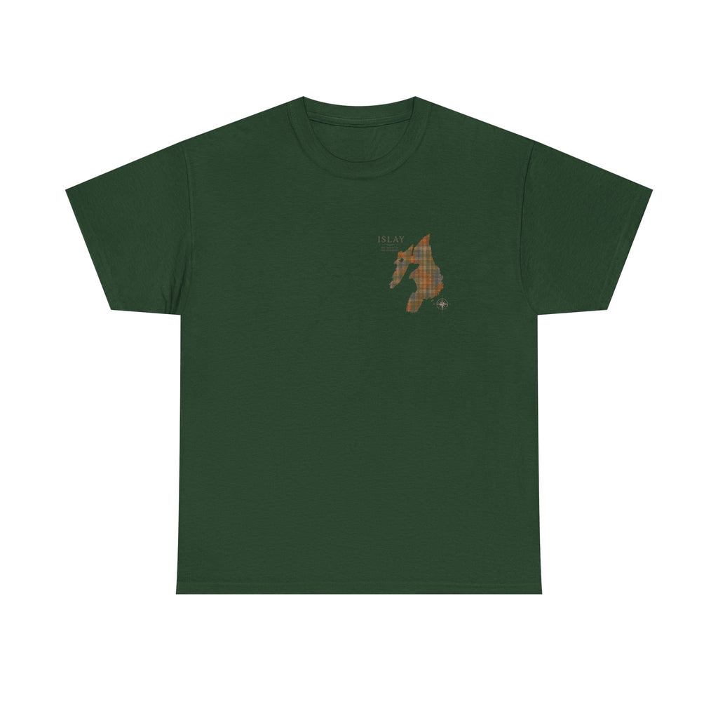 Forest Green tee displaying the front design featuring a tartan silhouette map of Islay with compass and "The Queen of the Hebrides" on a Gildan 5000 T-shirt by RIOTTEES