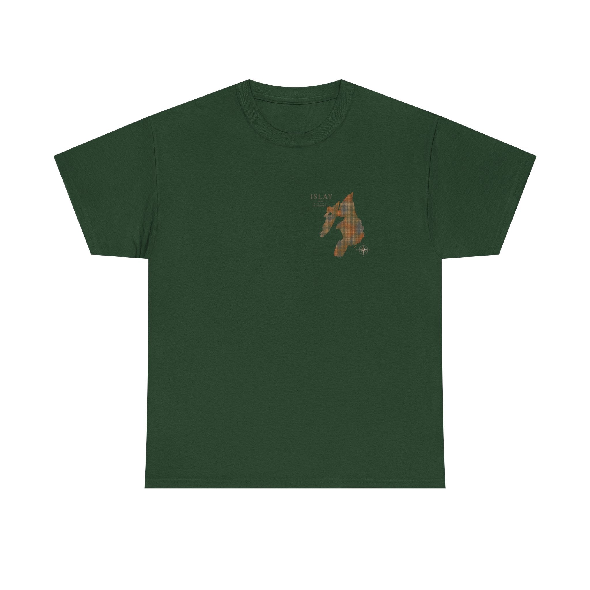 Forest Green tee displaying the front design featuring a tartan silhouette map of Islay with compass and "The Queen of the Hebrides" on a Gildan 5000 T-shirt by RIOTTEES