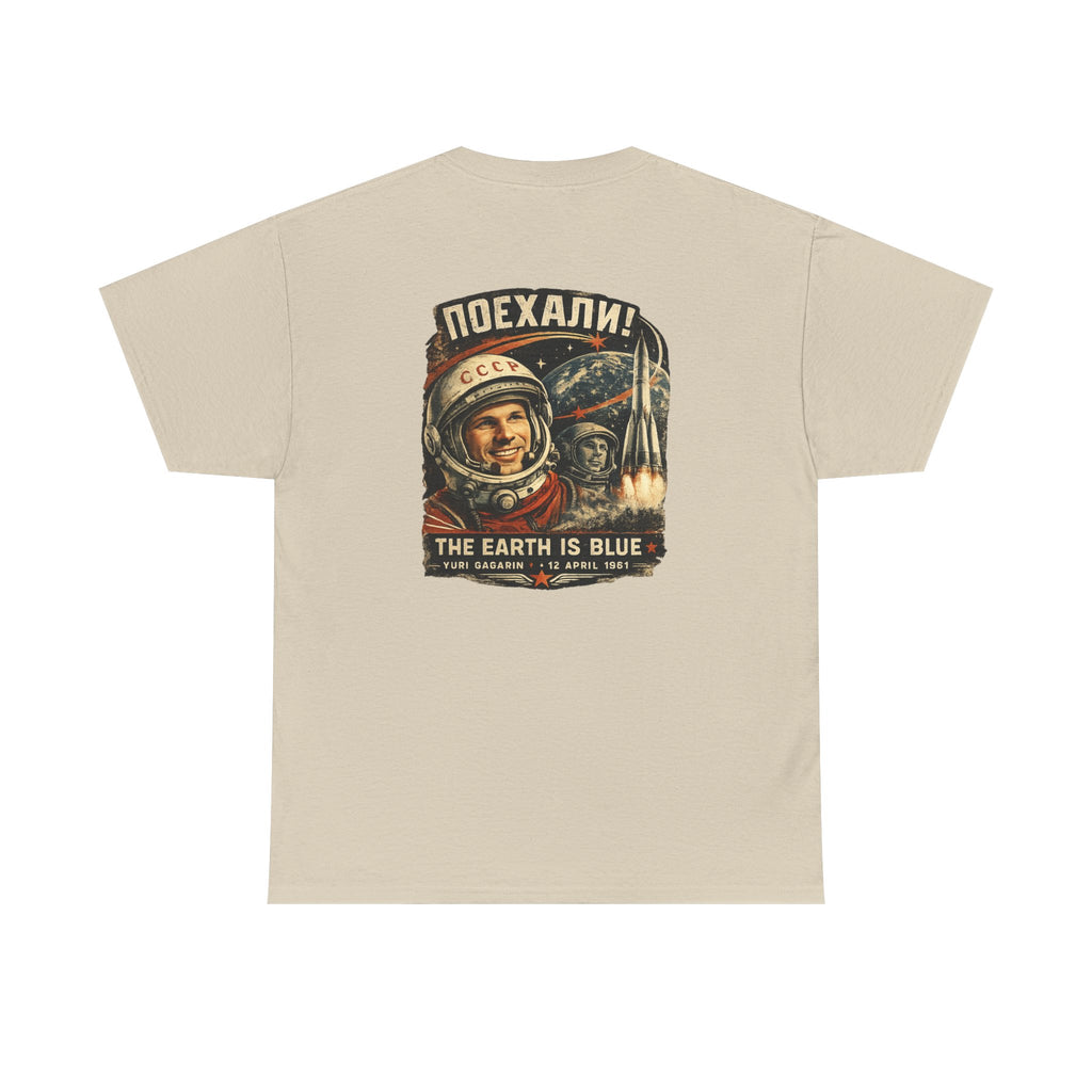 Back of a sand Gildan 5000 T-shirt featuring the The Earth Is Blue Yuri Gagarin design celebrating the first human spaceflight. by RIOTTEES
