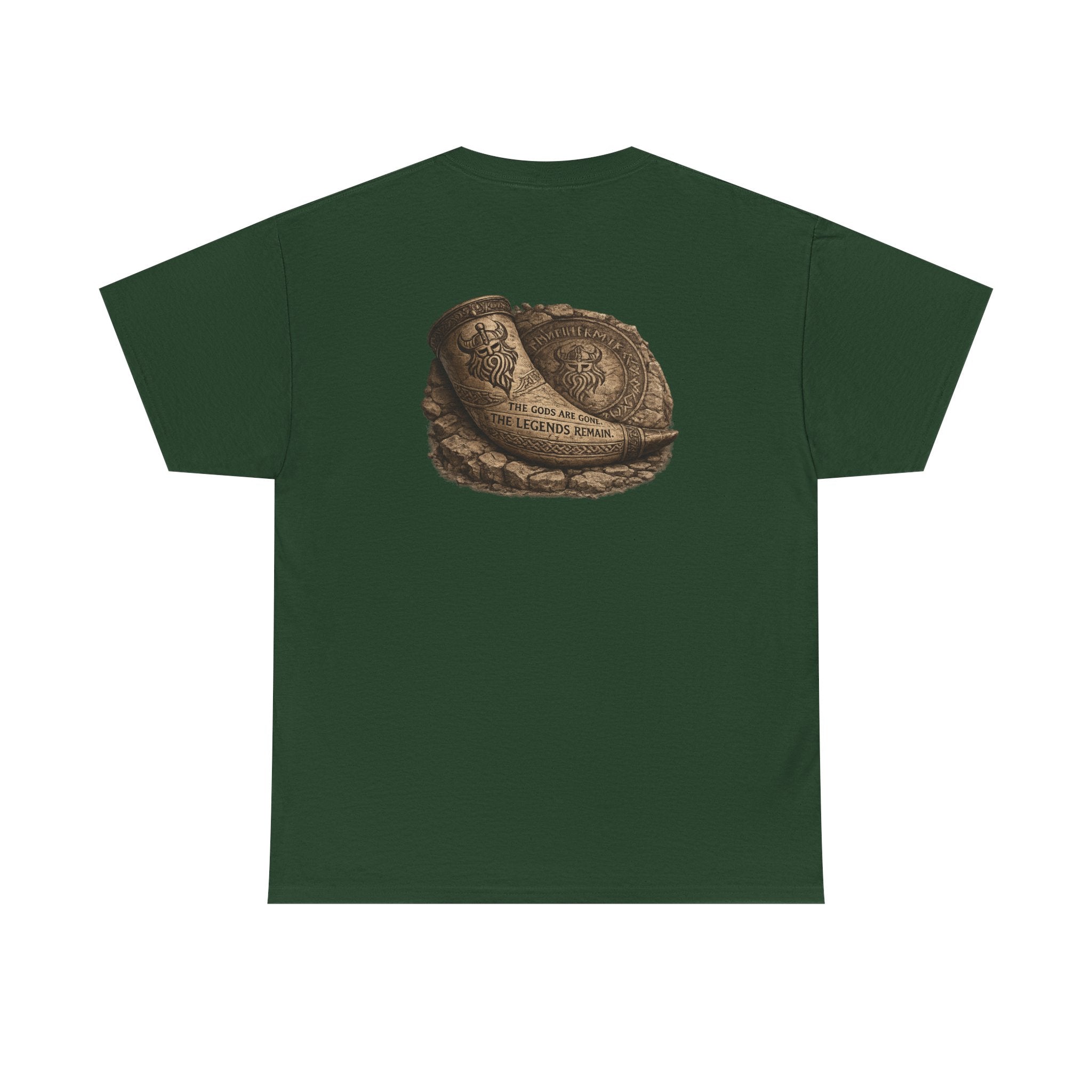 Forest Green t-shirt showing the back of the Viking - The Gods Are Gone The Legends Remain Tee  featuring an ancient Viking drinking horn resting against a carved runestone with the words "THE GODS ARE GONE. THE LEGENDS REMAIN." by RIOTTEES.

