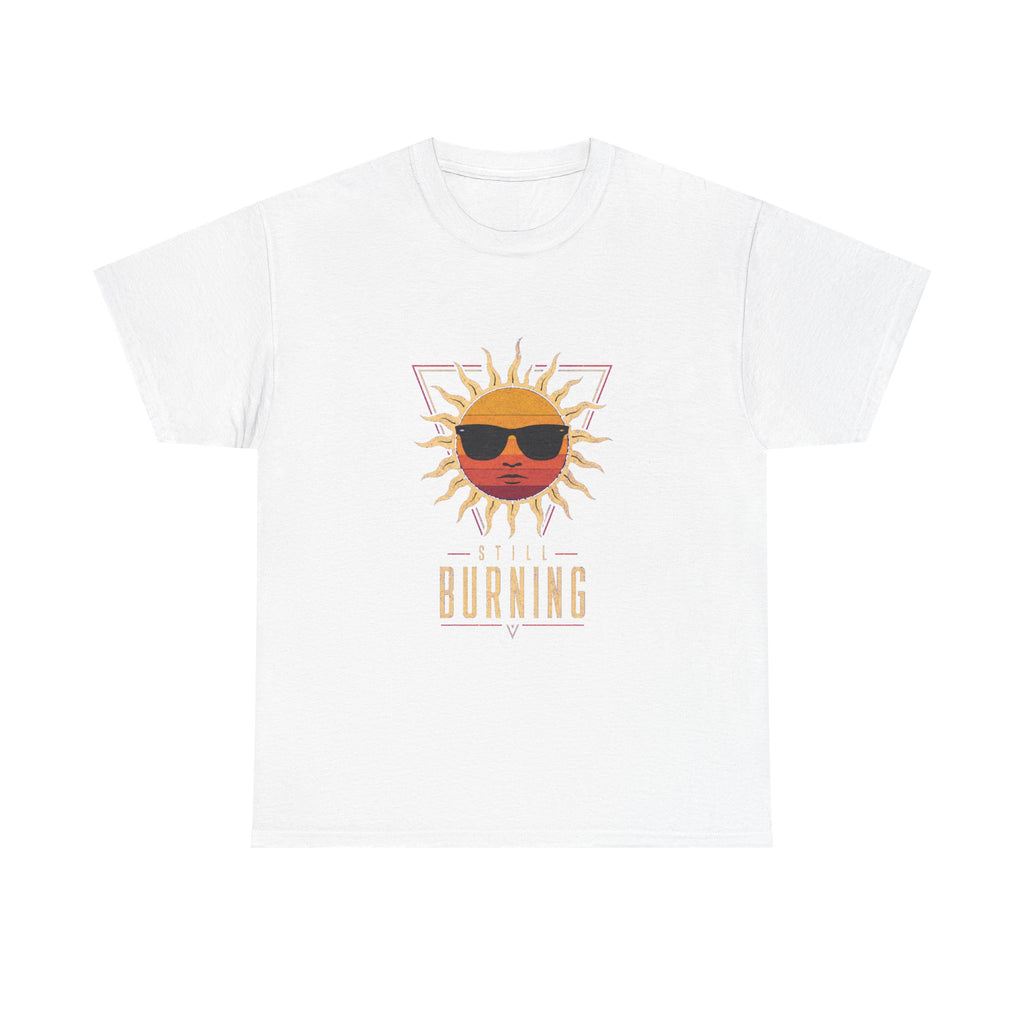 The White Still Burning Sunset Prism Gildan 5000 T-shirt featuring the vintage sunset face wearing sunglasses graphic with Still Burning typography by RIOTTEES.