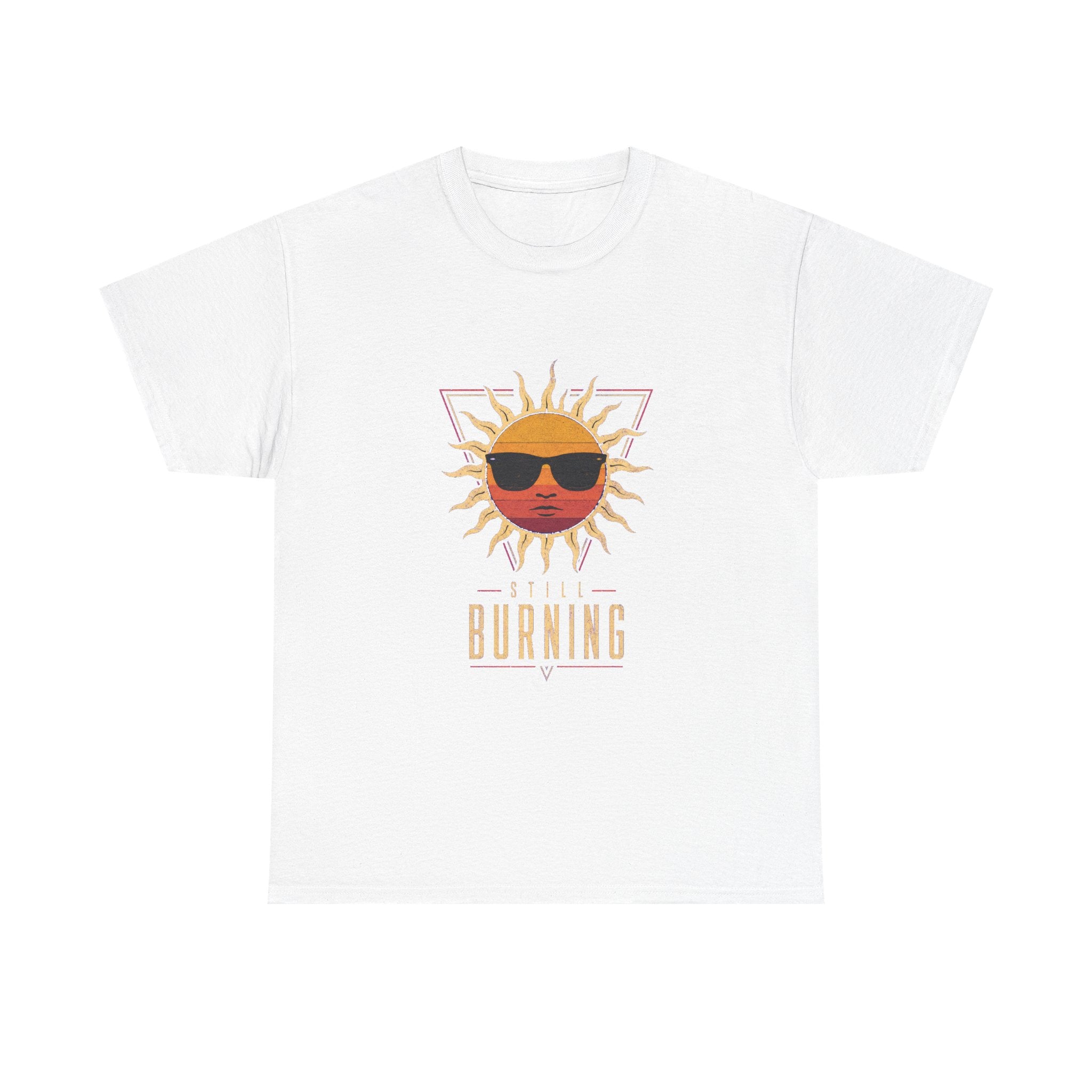 The White Still Burning Sunset Prism Gildan 5000 T-shirt featuring the vintage sunset face wearing sunglasses graphic with Still Burning typography by RIOTTEES.