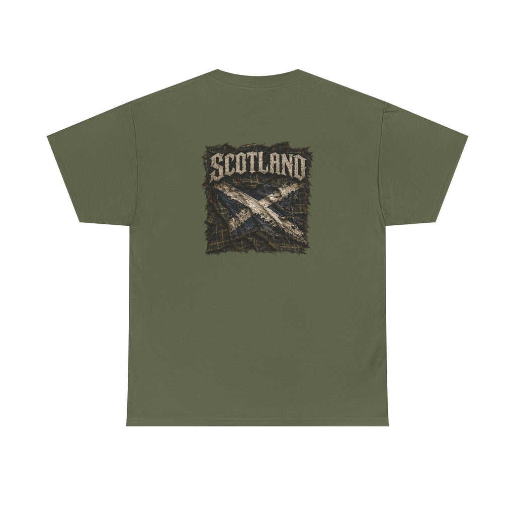 A military green Gildan 5000 t-shirt featuring the Modern Scotland design on the back, displaying distressed Scotland lettering above a weathered Saltire over tartan, by RIOTTEES.