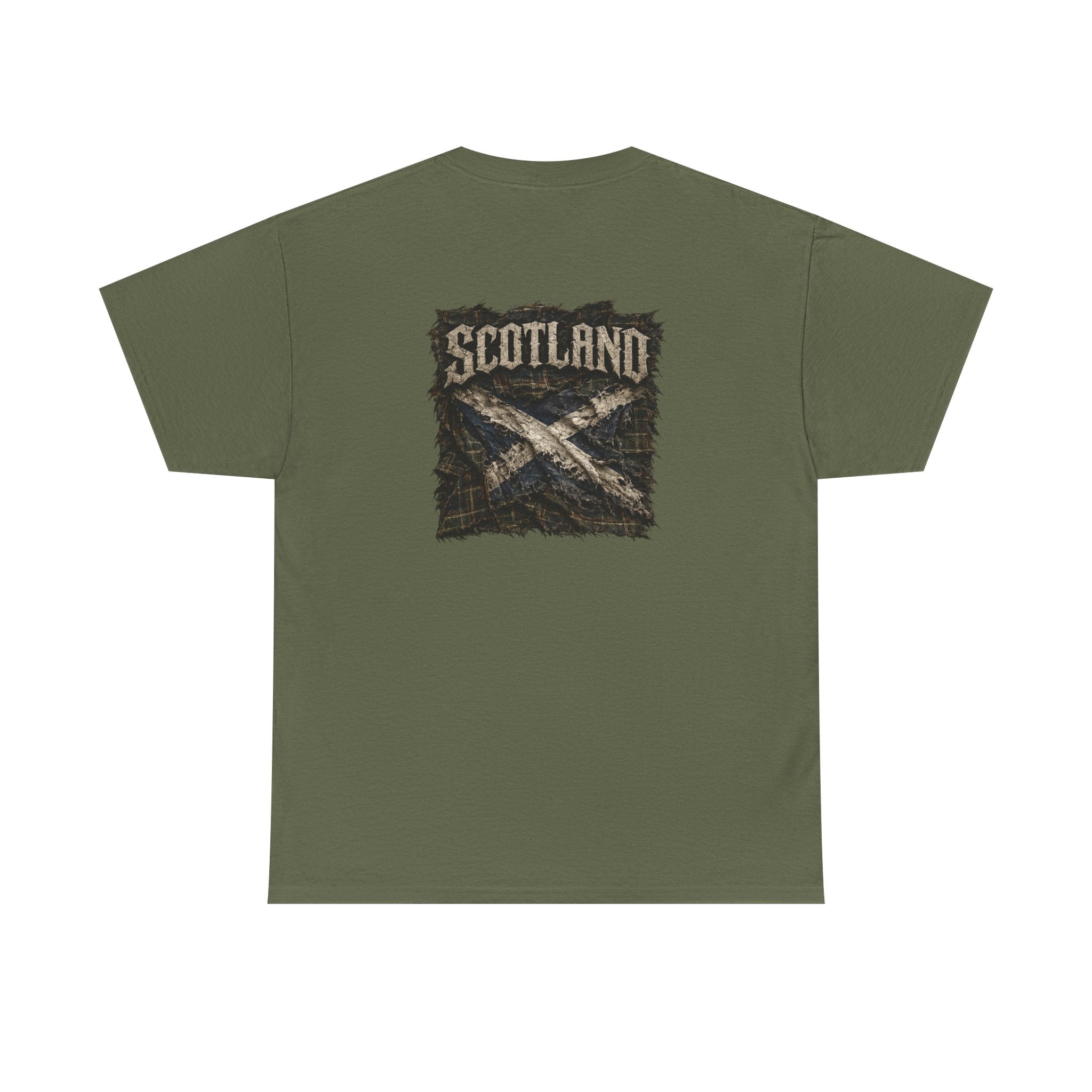 A military green Gildan 5000 t-shirt featuring the Modern Scotland design on the back, displaying distressed Scotland lettering above a weathered Saltire over tartan, by RIOTTEES.