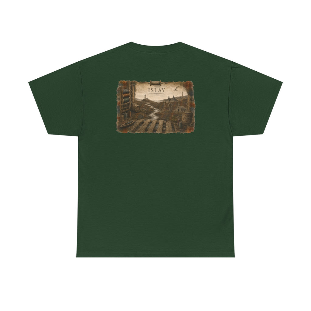 Forest Green tee displaying the back design featuring an illustrated Islay landscape with lighthouse, distillery, Celtic cross, chapel, weaving mill and river on a Gildan 5000 T-shirt by RIOTTEES