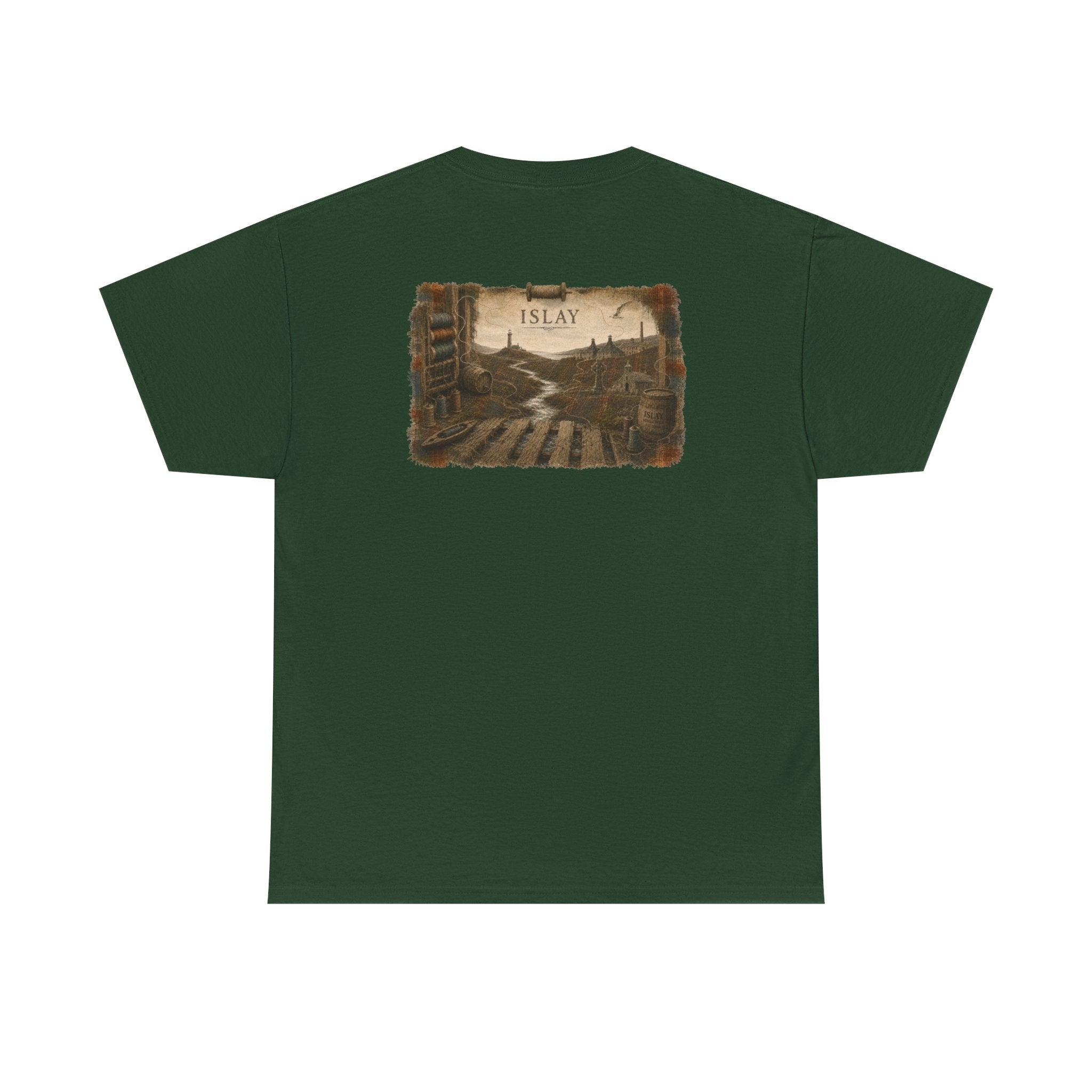 Forest Green tee displaying the back design featuring an illustrated Islay landscape with lighthouse, distillery, Celtic cross, chapel, weaving mill and river on a Gildan 5000 T-shirt by RIOTTEES