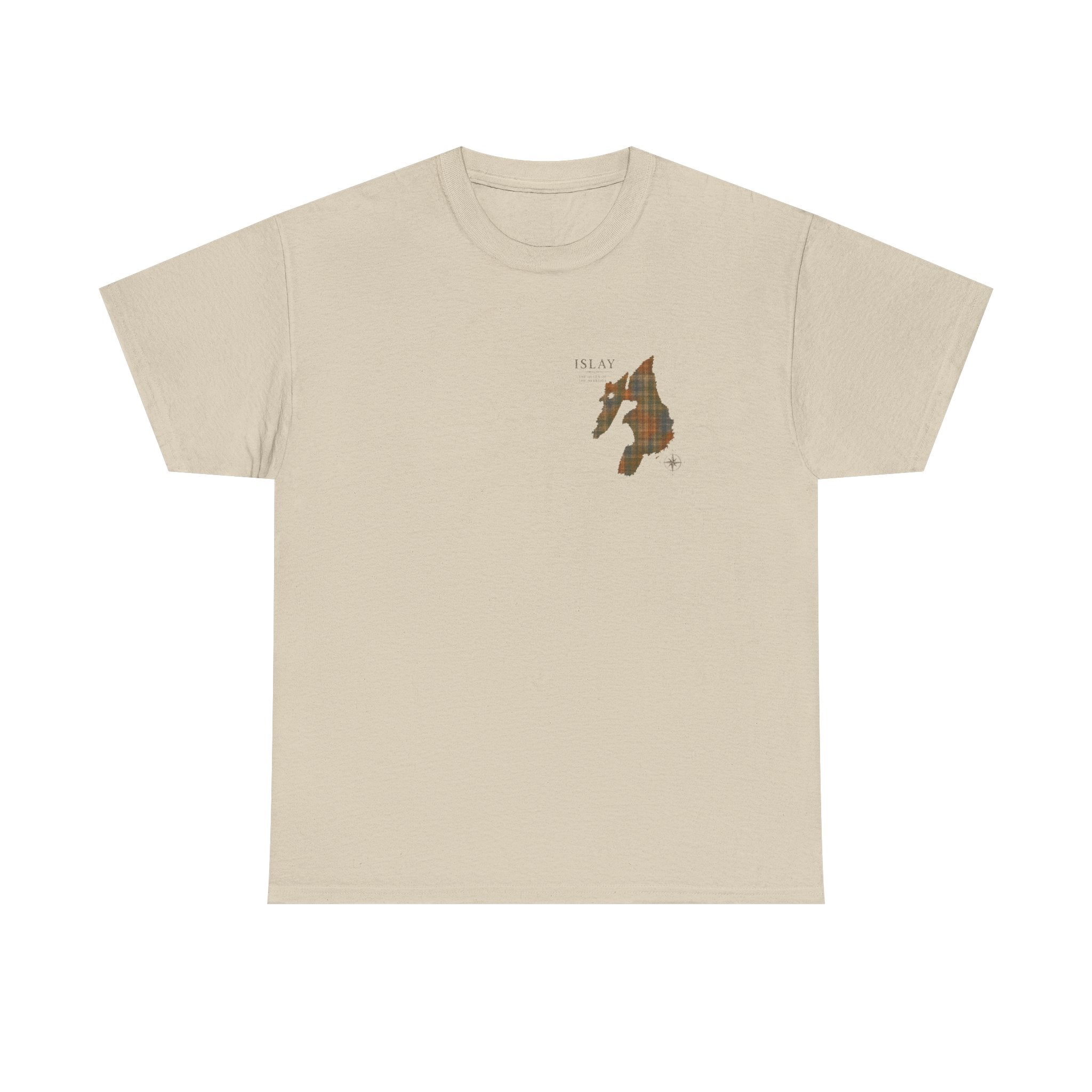 Sand tee displaying the front design featuring a tartan silhouette map of Islay with compass and "The Queen of the Hebrides" on a Gildan 5000 T-shirt by RIOTTEES