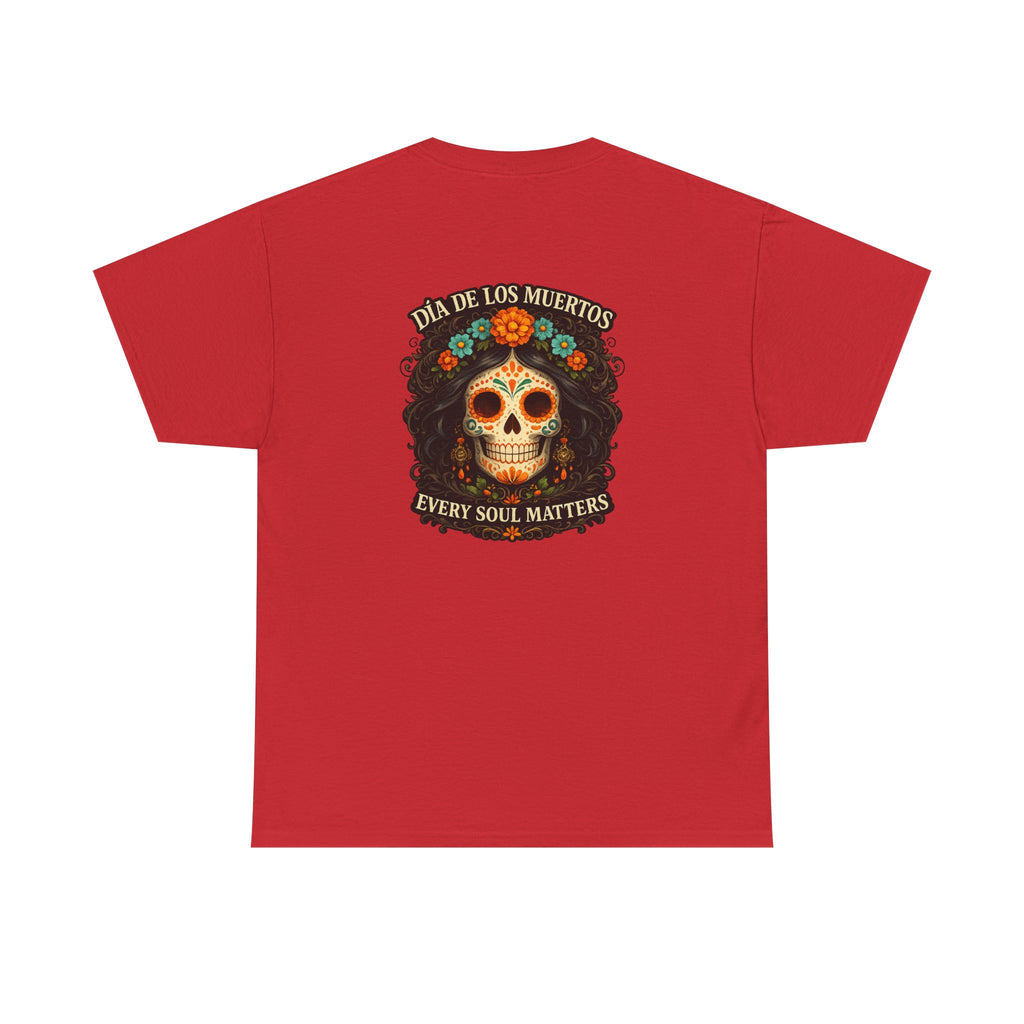 Red Every Soul Matters – Día de los Muertos t-shirt by RIOTTEES in a feminine tee shape with the large sugar skull artwork printed on the back.