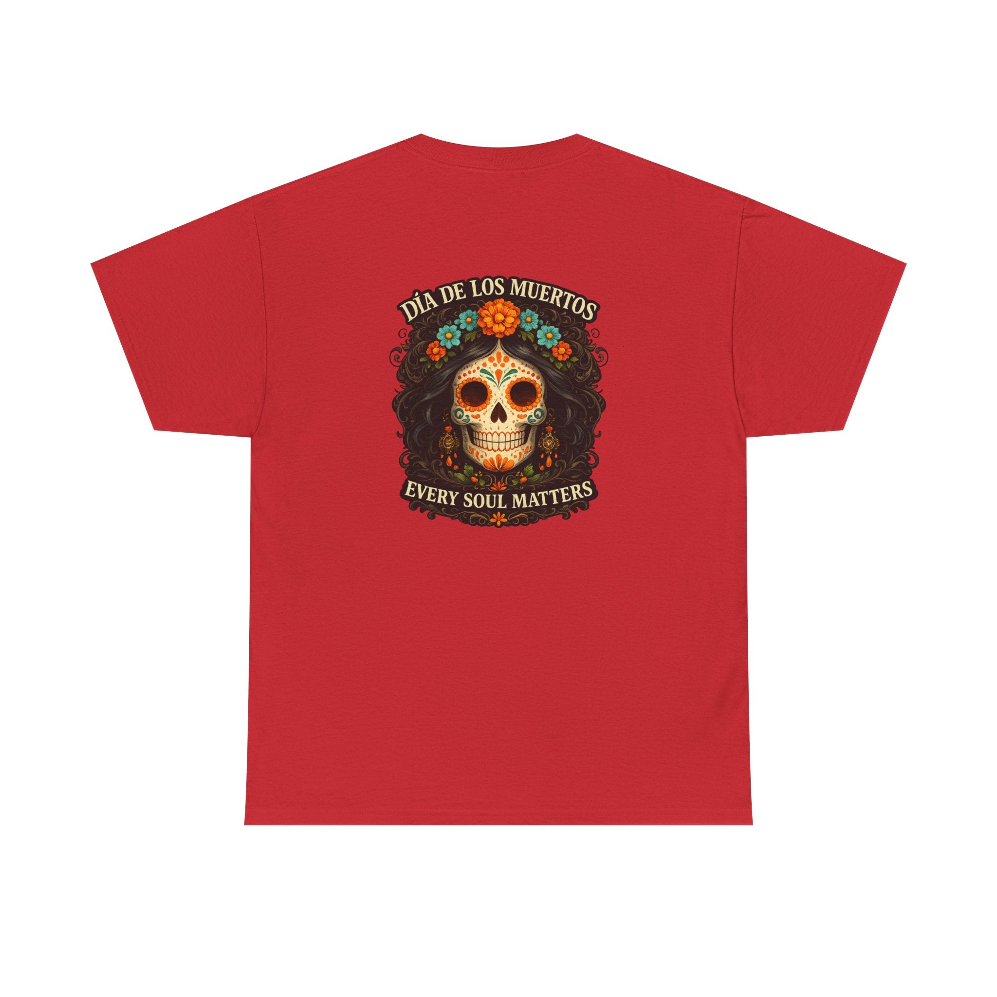 Red Every Soul Matters – Día de los Muertos t-shirt by RIOTTEES in a feminine tee shape with the large sugar skull artwork printed on the back.