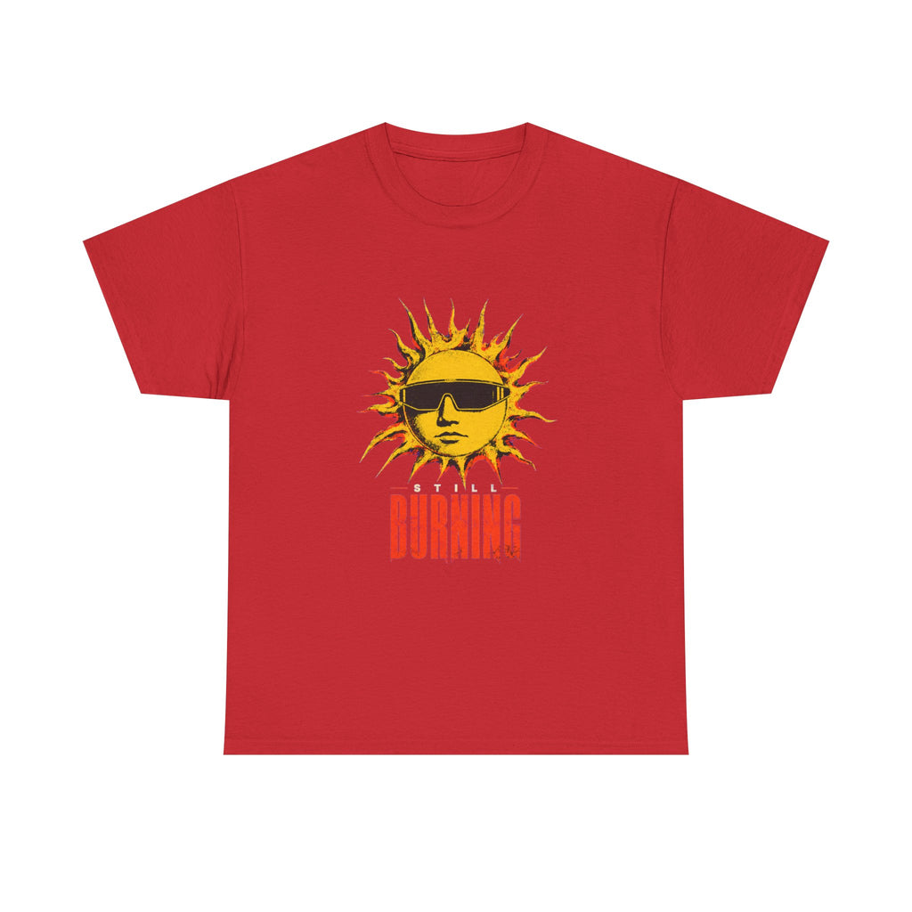 Tee showing the front of the Red Still Burning Street Code T-shirt with the Street Code artwork on the front, by RIOTTEES.