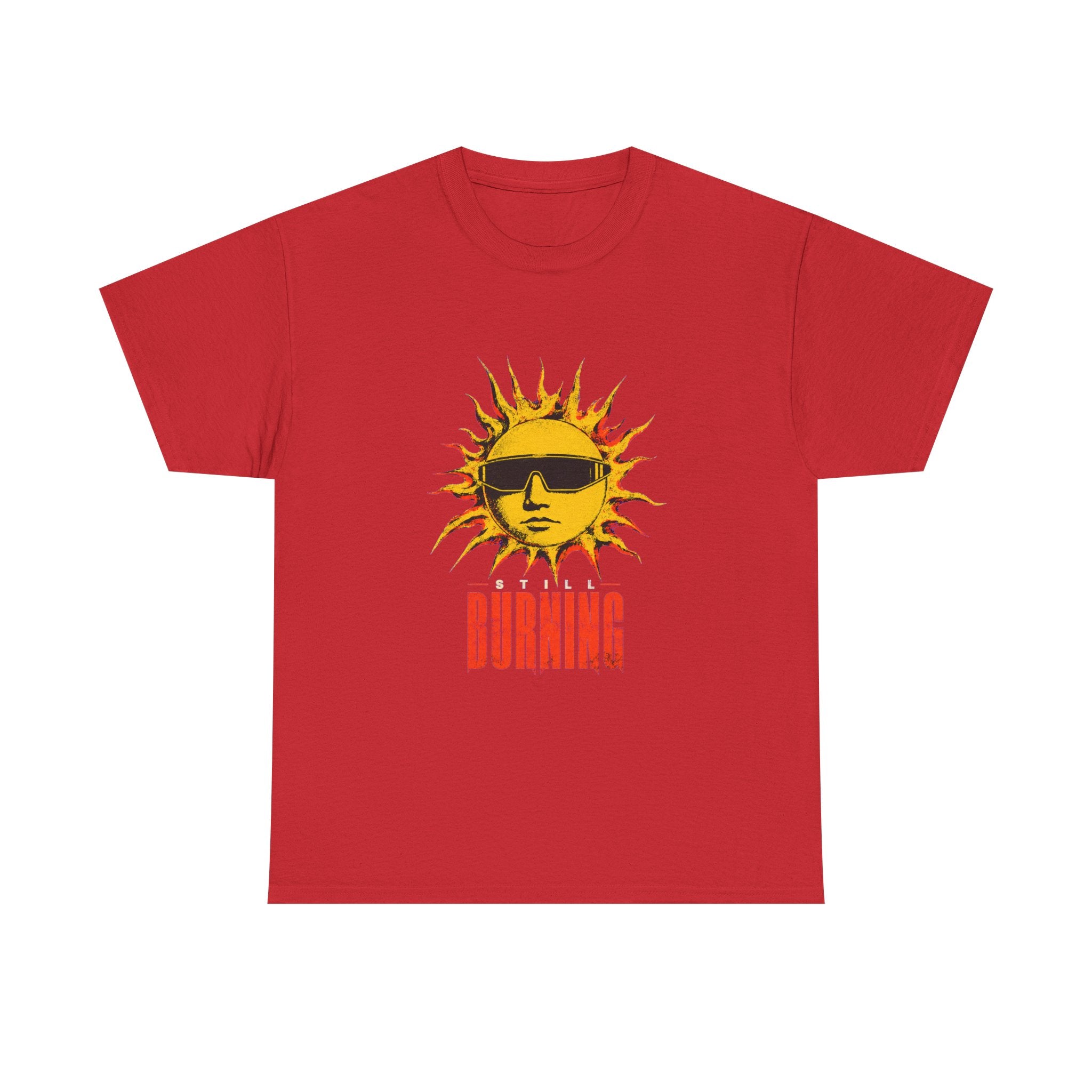 Tee showing the front of the Red Still Burning Street Code T-shirt with the Street Code artwork on the front, by RIOTTEES.