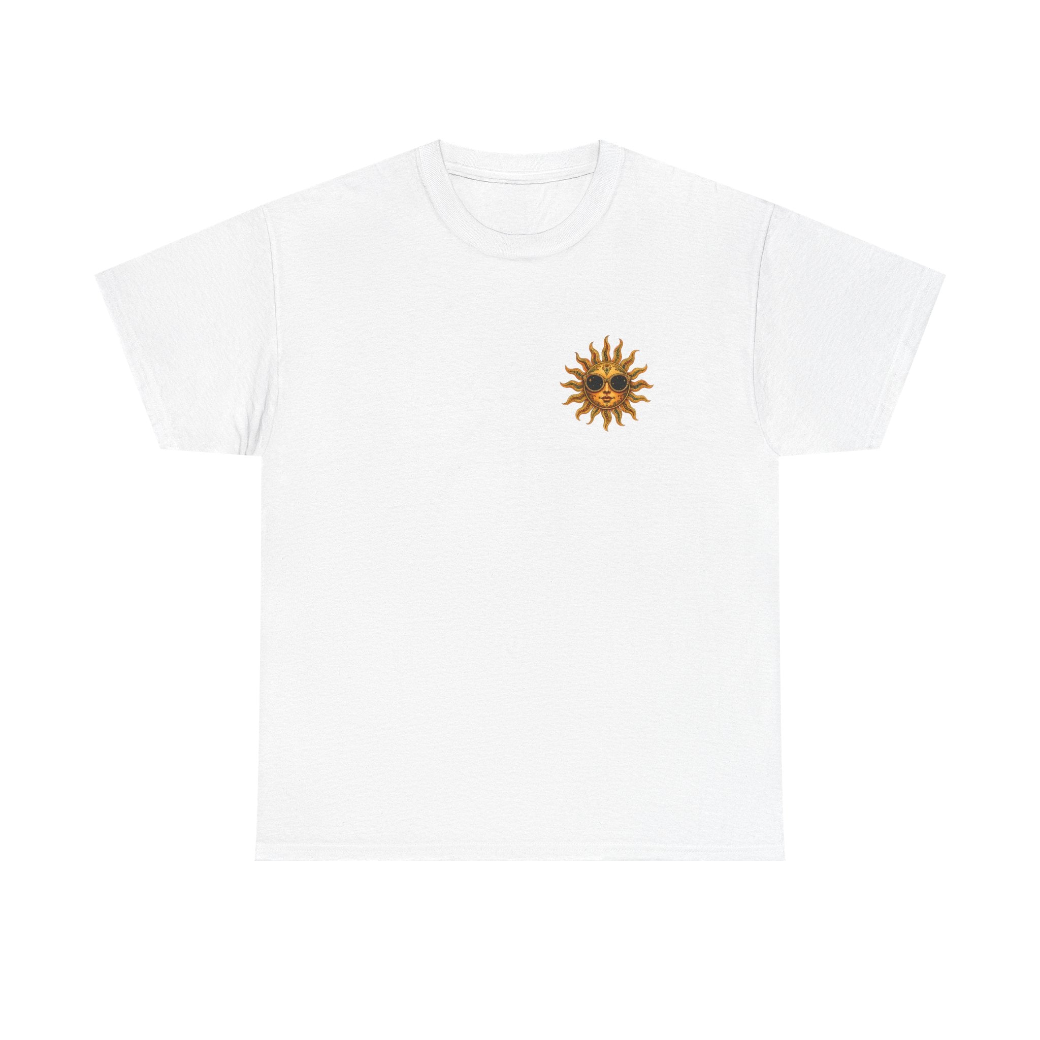 The front of the White Still Burning Sun Spirit Tee featuring a small golden sun wearing sunglasses printed on the left chest by RIOTTEES.