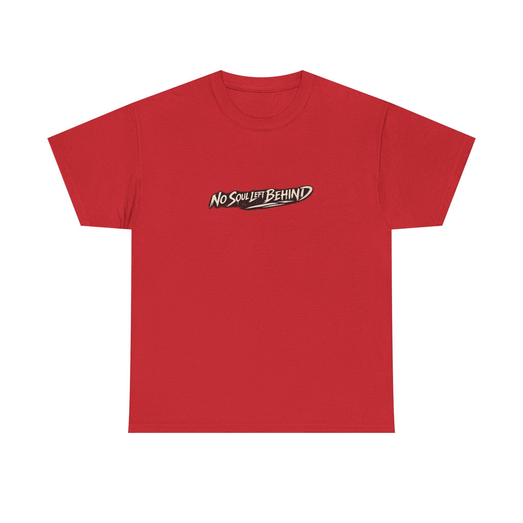 
T-shirt in red featuring the distressed "No Soul Left Behind" script graphic printed boldly across the chest, by RIOTTEES.