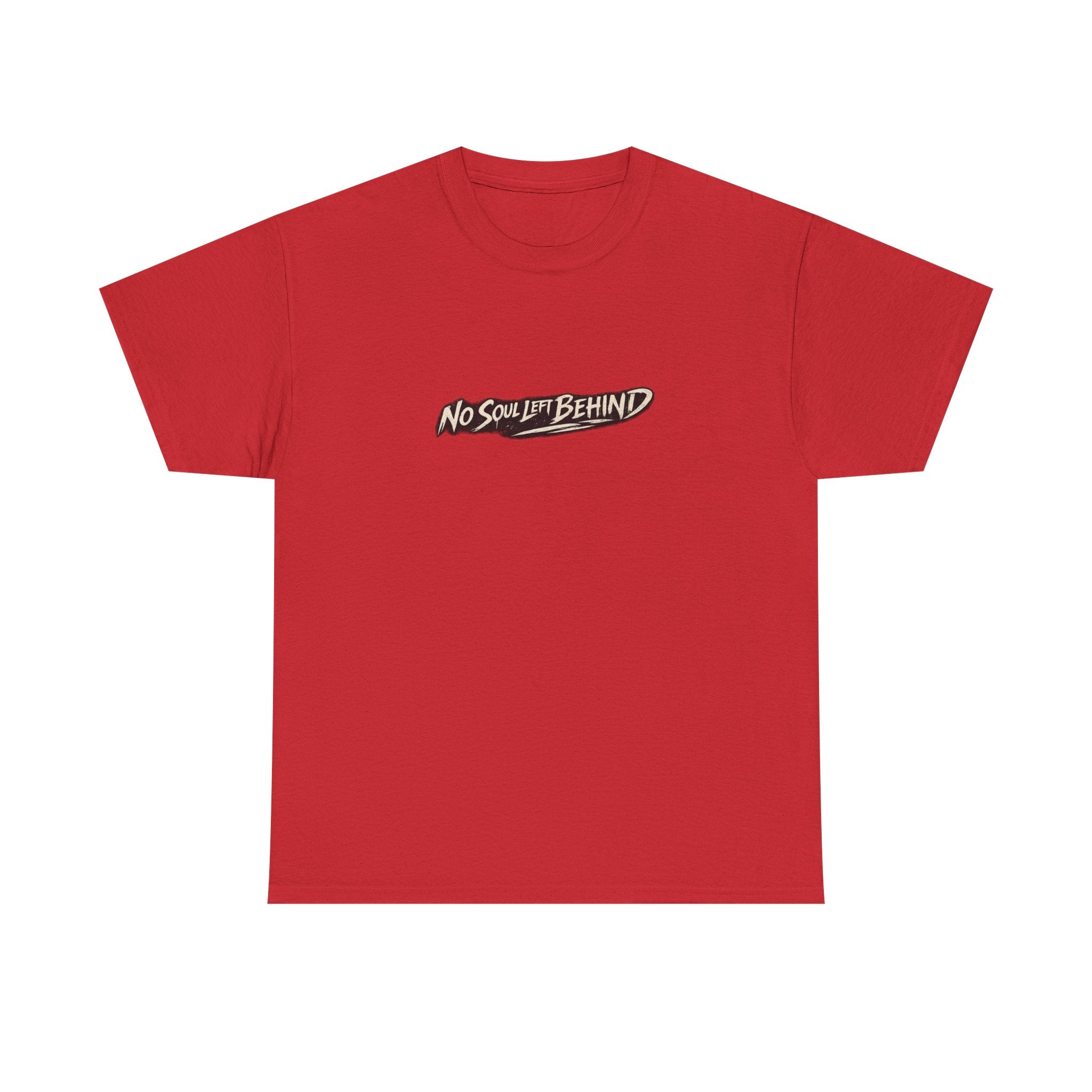 
T-shirt in red featuring the distressed "No Soul Left Behind" script graphic printed boldly across the chest, by RIOTTEES.