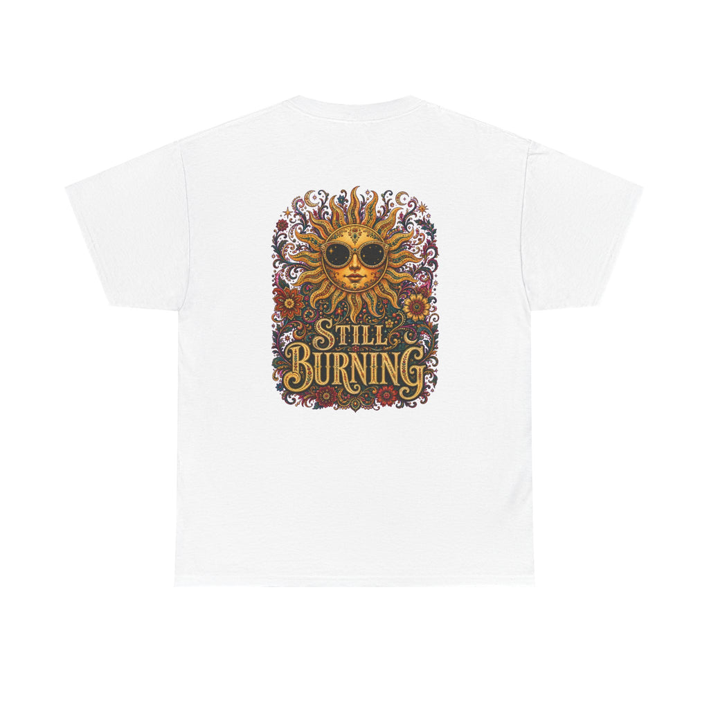 The back of the White Still Burning Sun Spirit Tee featuring an ornate celestial sun with floral artwork and the words "Still Burning" by RIOTTEES.