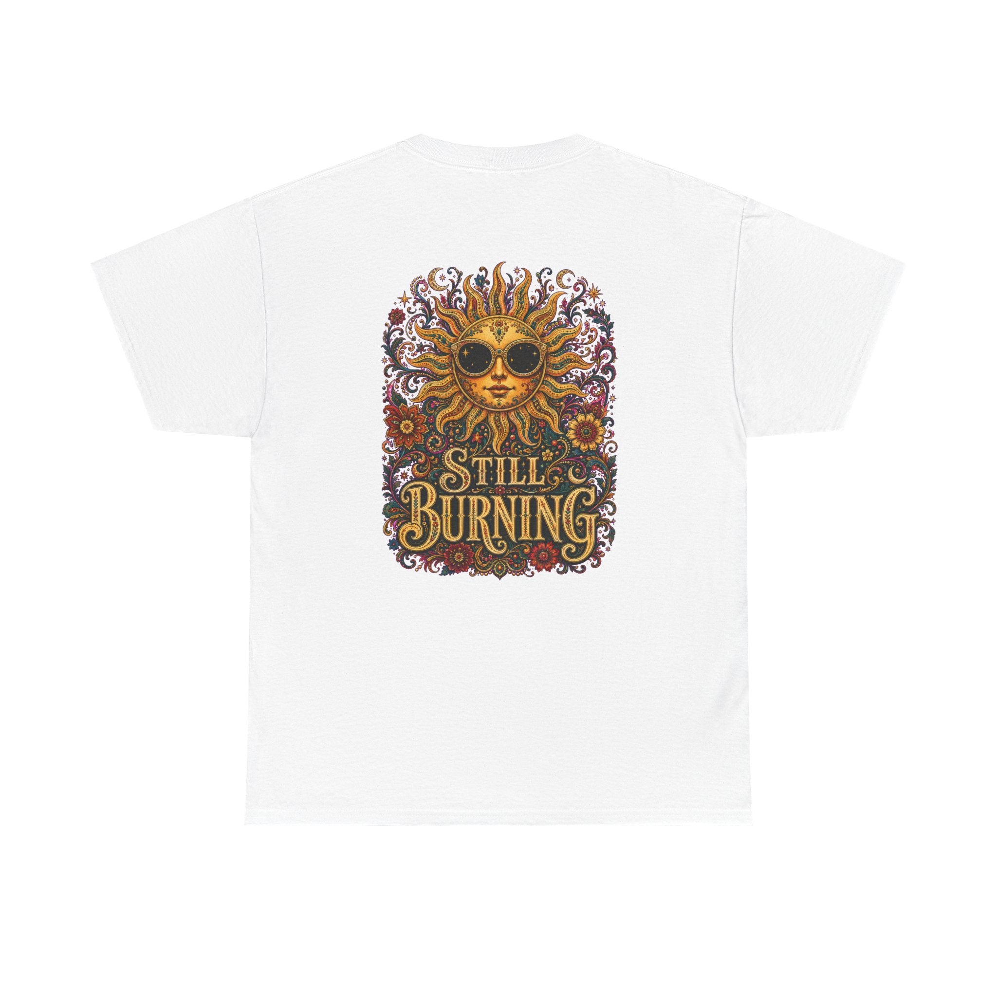 The back of the White Still Burning Sun Spirit Tee featuring an ornate celestial sun with floral artwork and the words "Still Burning" by RIOTTEES.