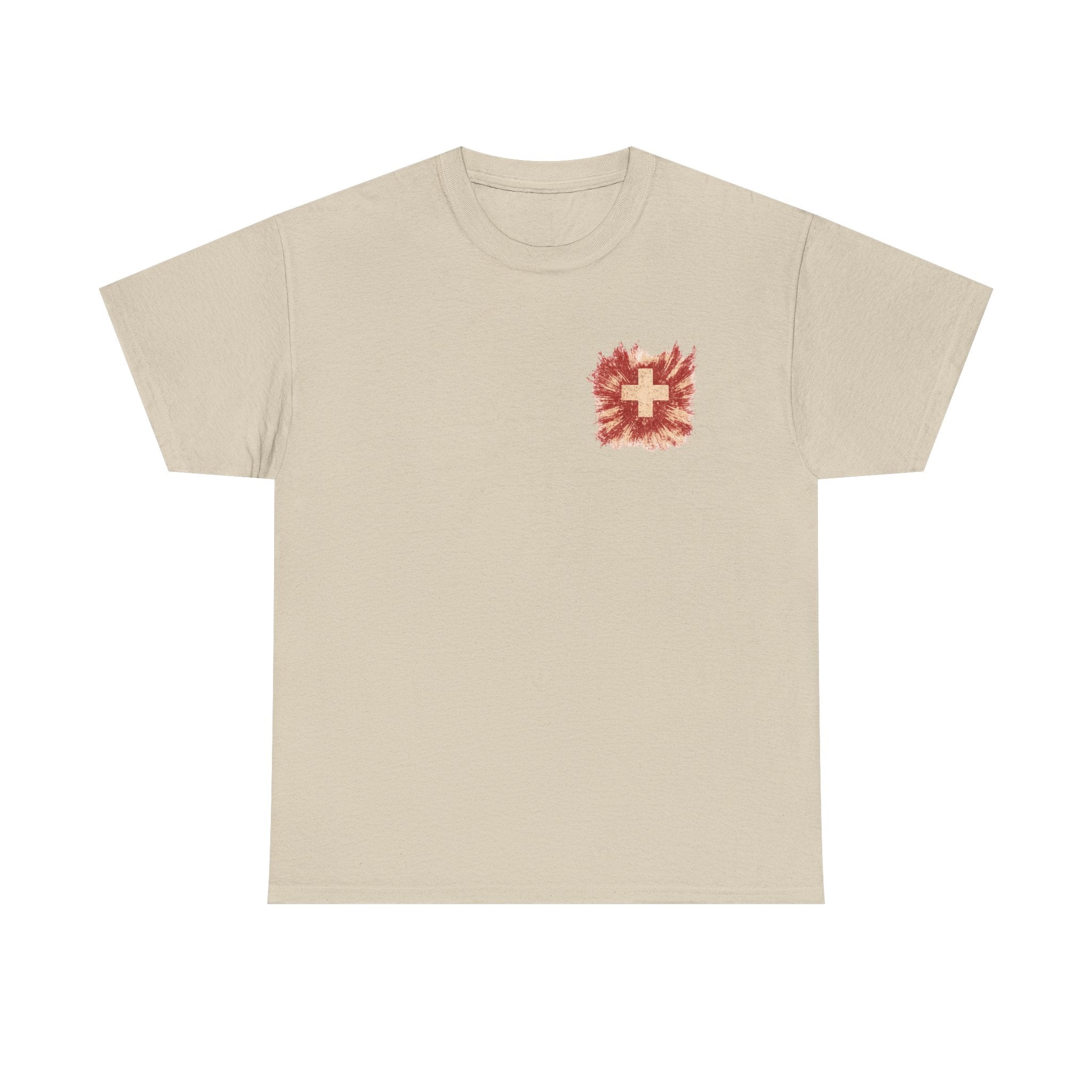 Front of sand unisex tee featuring the distressed medical cross design by RIOTTEES.