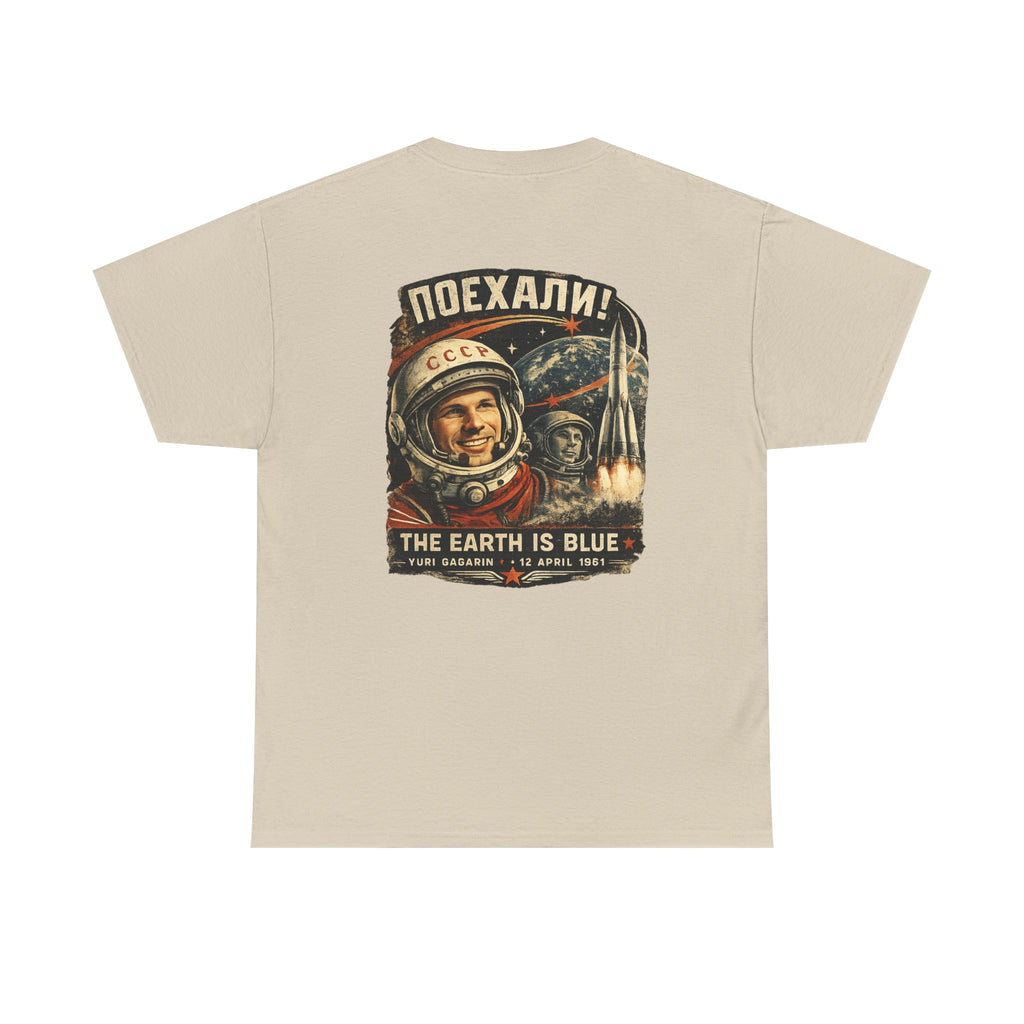 Sand Let's Go! Yuri Gagarin T-shirt back displayed on a tee, featuring the full vintage-inspired space exploration design by RIOTTEES.
