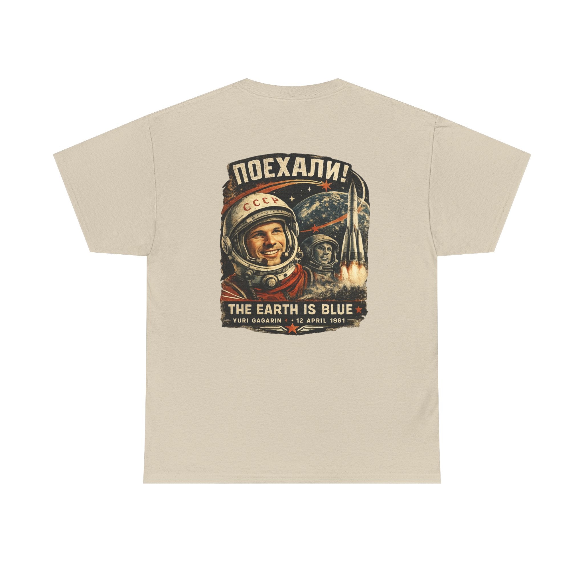 Sand Let's Go! Yuri Gagarin T-shirt back displayed on a tee, featuring the full vintage-inspired space exploration design by RIOTTEES.