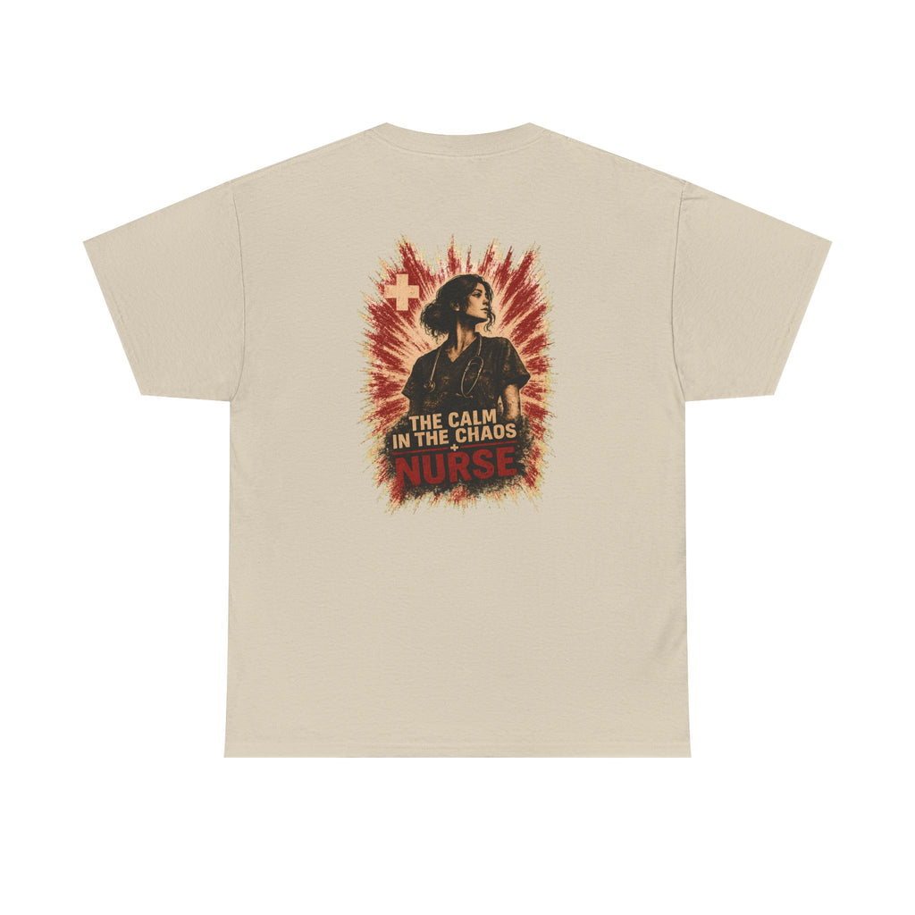 Back of a sand unisex tee featuring “The Calm In The Chaos Nurse” design by RIOTTEES.
