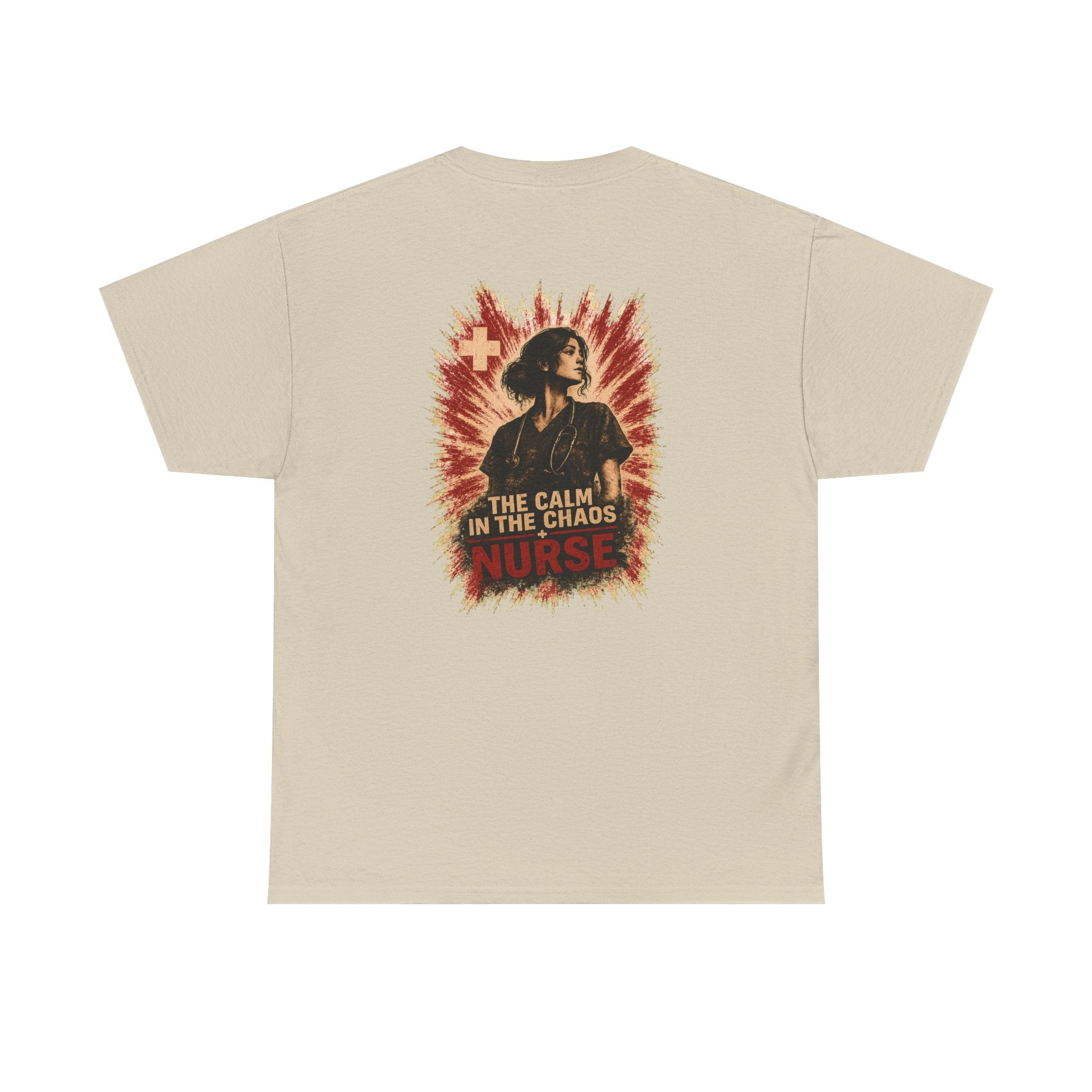 Back of a sand unisex tee featuring “The Calm In The Chaos Nurse” design by RIOTTEES.