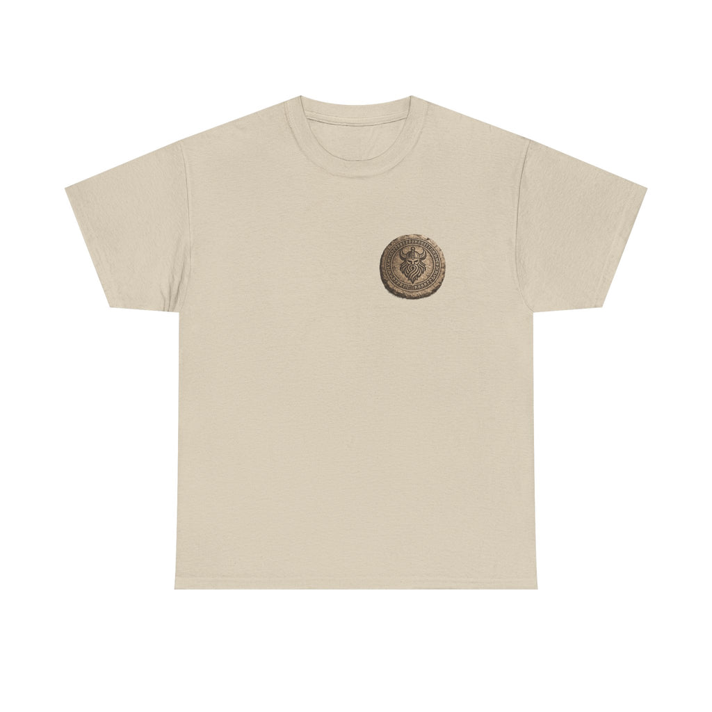 Sand t-shirt showing the front of the Viking - The Gods Are Gone The Legends Remain Tee featuring a carved Norse runestone medallion by RIOTTEES.