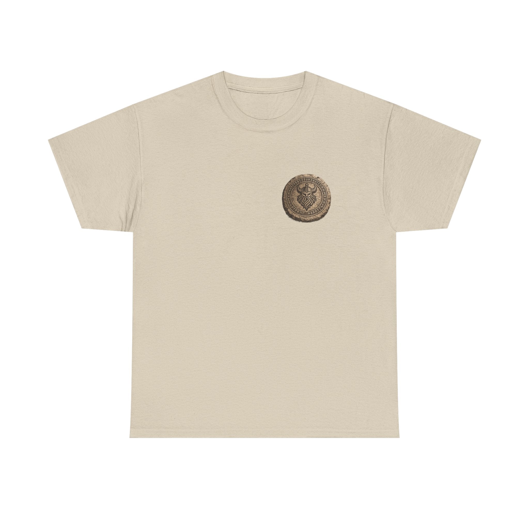 Sand t-shirt showing the front of the Viking - The Gods Are Gone The Legends Remain Tee featuring a carved Norse runestone medallion by RIOTTEES.