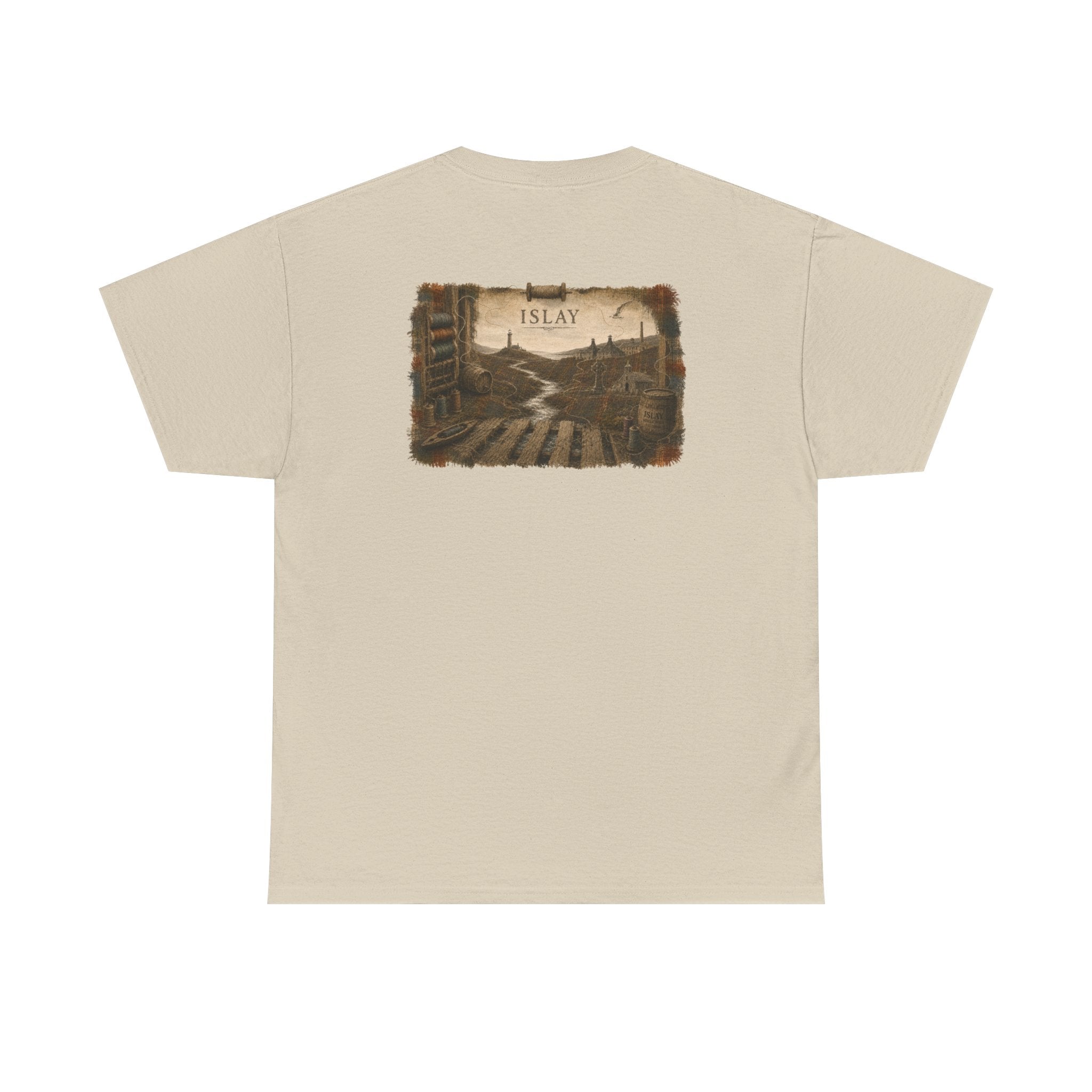Sand tee displaying the back design featuring an illustrated Islay landscape with lighthouse, distillery, Celtic cross, chapel, weaving mill and river on a Gildan 5000 T-shirt by RIOTTEES