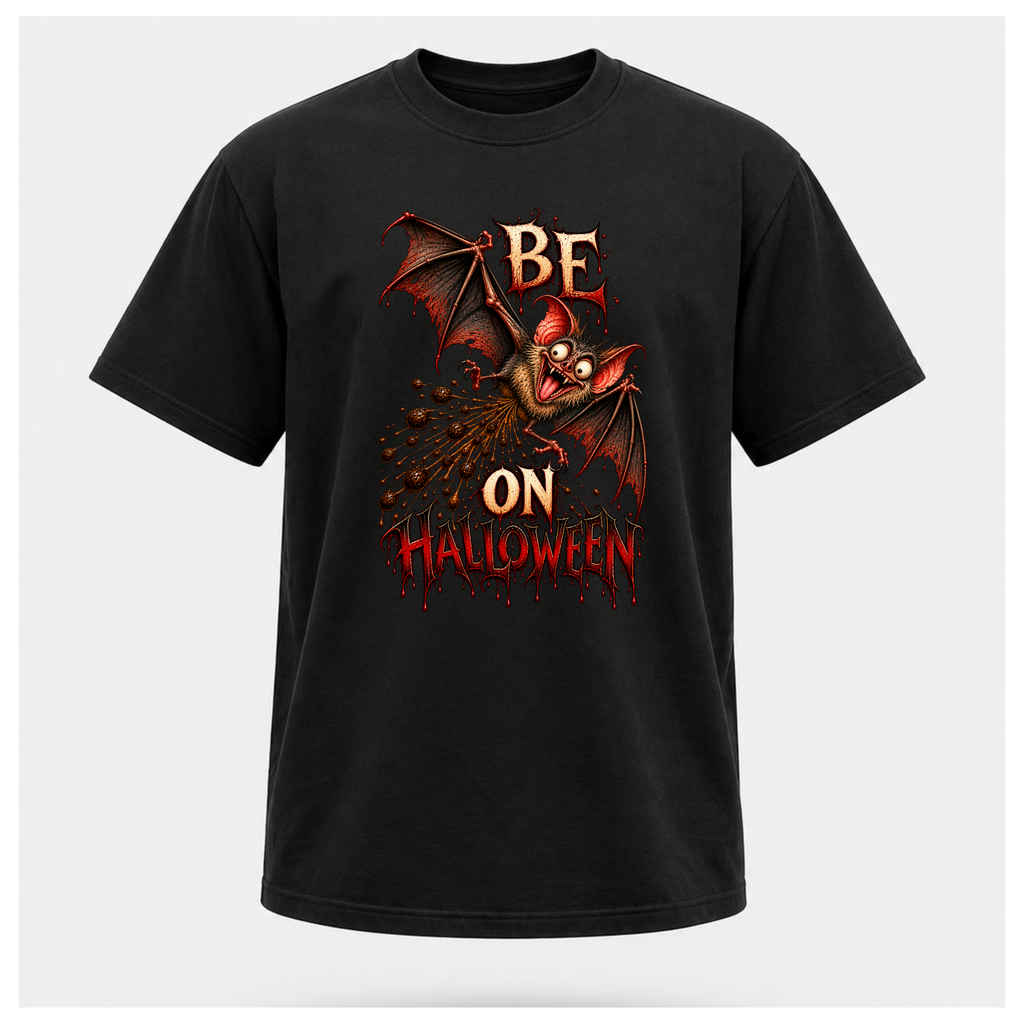 Black Batshit Crazy Halloween T-shirt on a male-form floating tee, featuring a manic bat graphic with BE, ON HALLOWEEN and red distressed details.