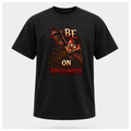 Black Batshit Crazy Halloween T-shirt on a male-form floating tee, featuring a manic bat graphic with BE, ON HALLOWEEN and red distressed details.