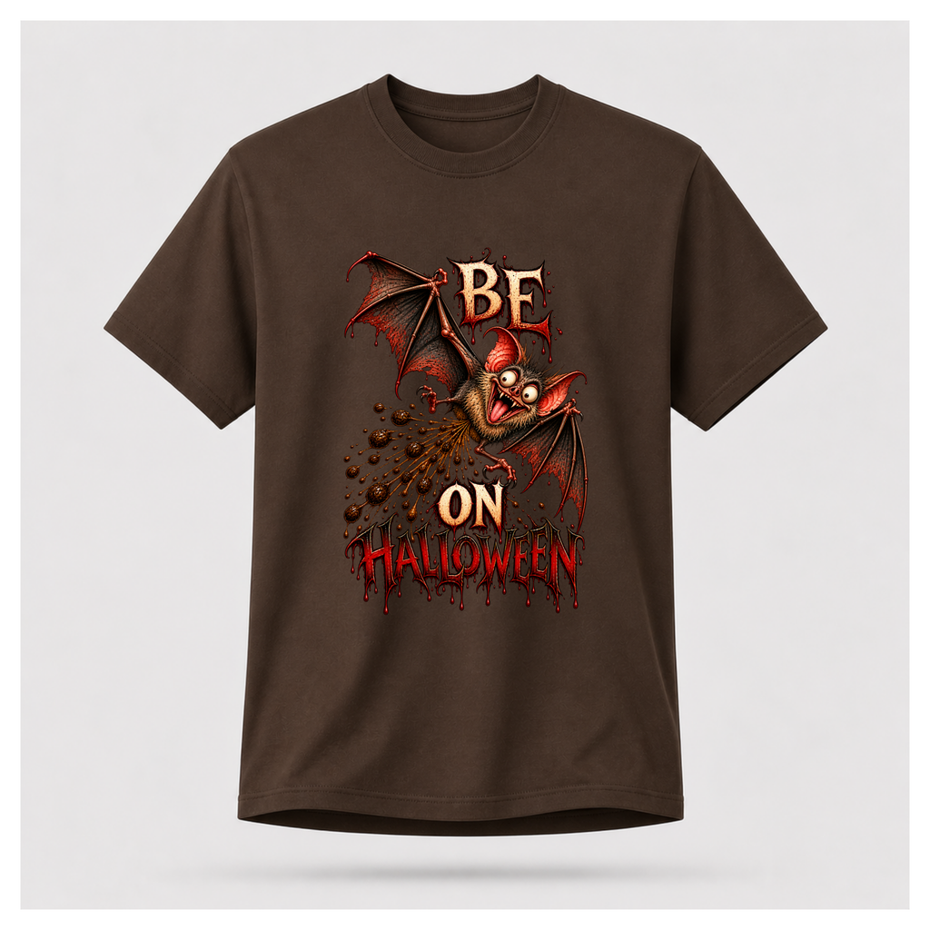 Dark chocolate brown Batshit Crazy Halloween T-shirt on a male-form floating tee, featuring a manic bat graphic with BE, ON HALLOWEEN and red distressed details.