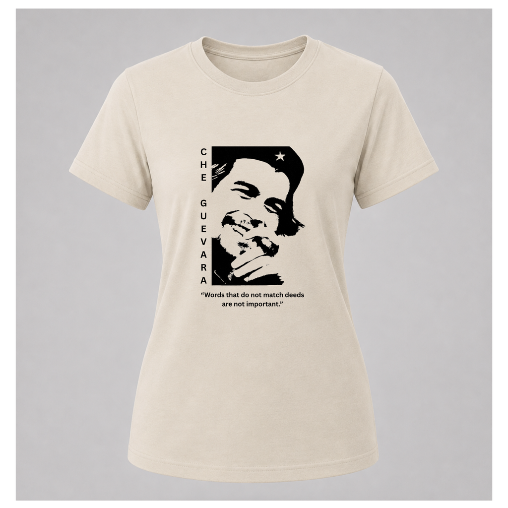 Floating female form wearing the front of the sand Words Without Deeds Are Not Important T-shirt featuring the statement design by RIOTTEES.