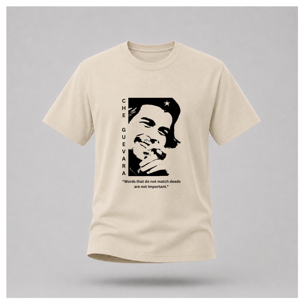 Floating male form wearing the front of the sand Words Without Deeds Are Not Important T-shirt featuring the statement design by RIOTTEES.