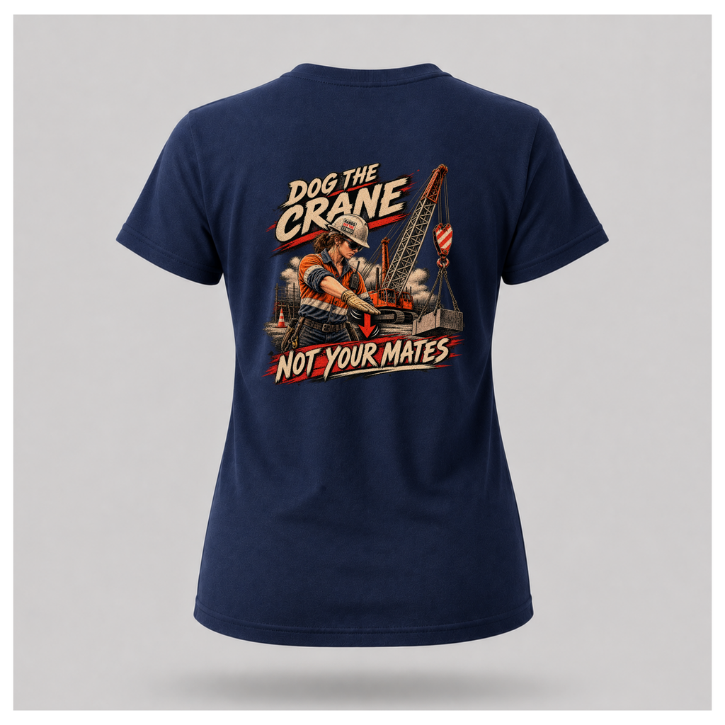 Female form floating navy blue Dog the Crane Not Your Mates T-shirt, back view, featuring a female dogman signalling a crane and Hands Off the CFMEU hard-hat sticker, by RIOTTEES.