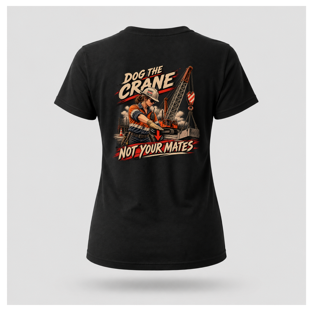 Female form floating black Dog the Crane Not Your Mates T-shirt, back view, featuring a female dogman signalling a crane and Hands Off the CFMEU hard-hat sticker, by RIOTTEES.