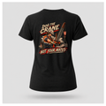 Female form floating black Dog the Crane Not Your Mates T-shirt, back view, featuring a female dogman signalling a crane and Hands Off the CFMEU hard-hat sticker, by RIOTTEES.