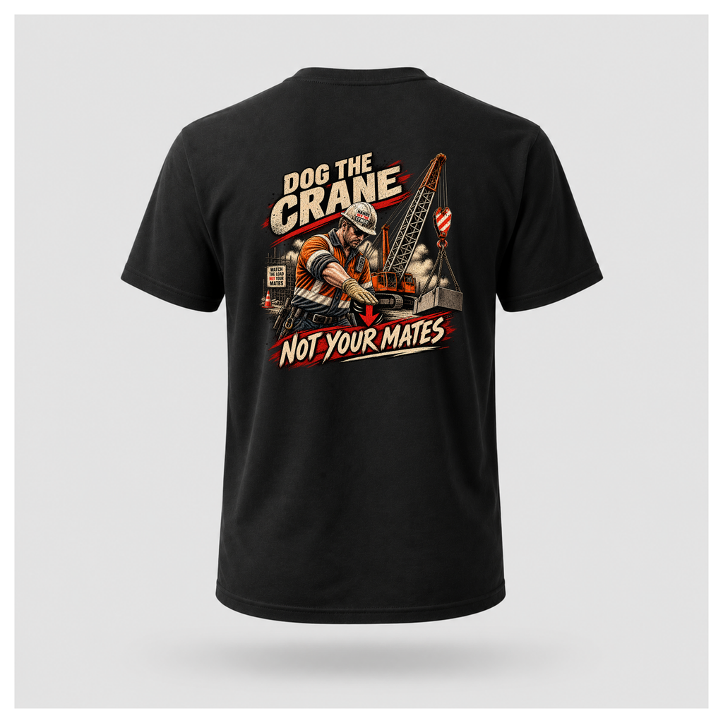 Black floating men's T-shirt, back view, with large Dog the Crane Not Your Mates construction graphic featuring a dogman, crane and suspended load, by RIOTTEES.
