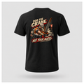Black floating men's T-shirt, back view, with large Dog the Crane Not Your Mates construction graphic featuring a dogman, crane and suspended load, by RIOTTEES.