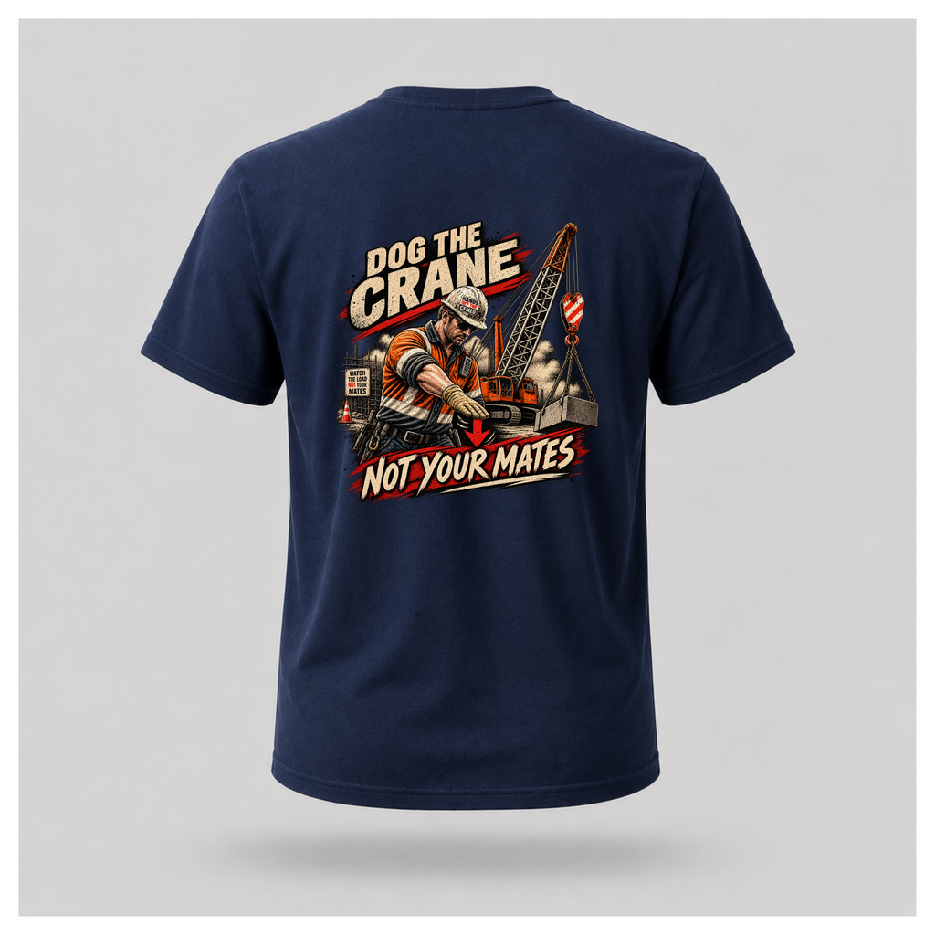 Navy blue floating men's T-shirt, back view, with large Dog the Crane Not Your Mates construction graphic featuring a dogman, crane and suspended load, by RIOTTEES.
