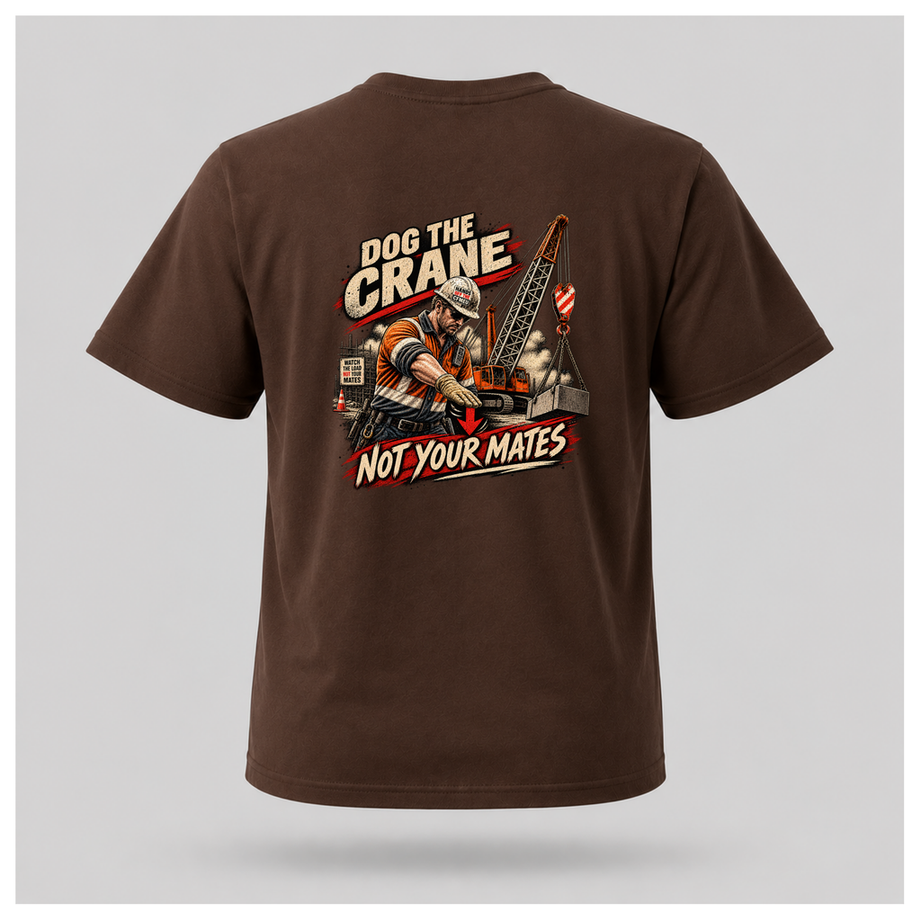 Chocolate brown floating men's T-shirt, back view, with large Dog the Crane Not Your Mates construction graphic featuring a dogman, crane and suspended load, by RIOTTEES.