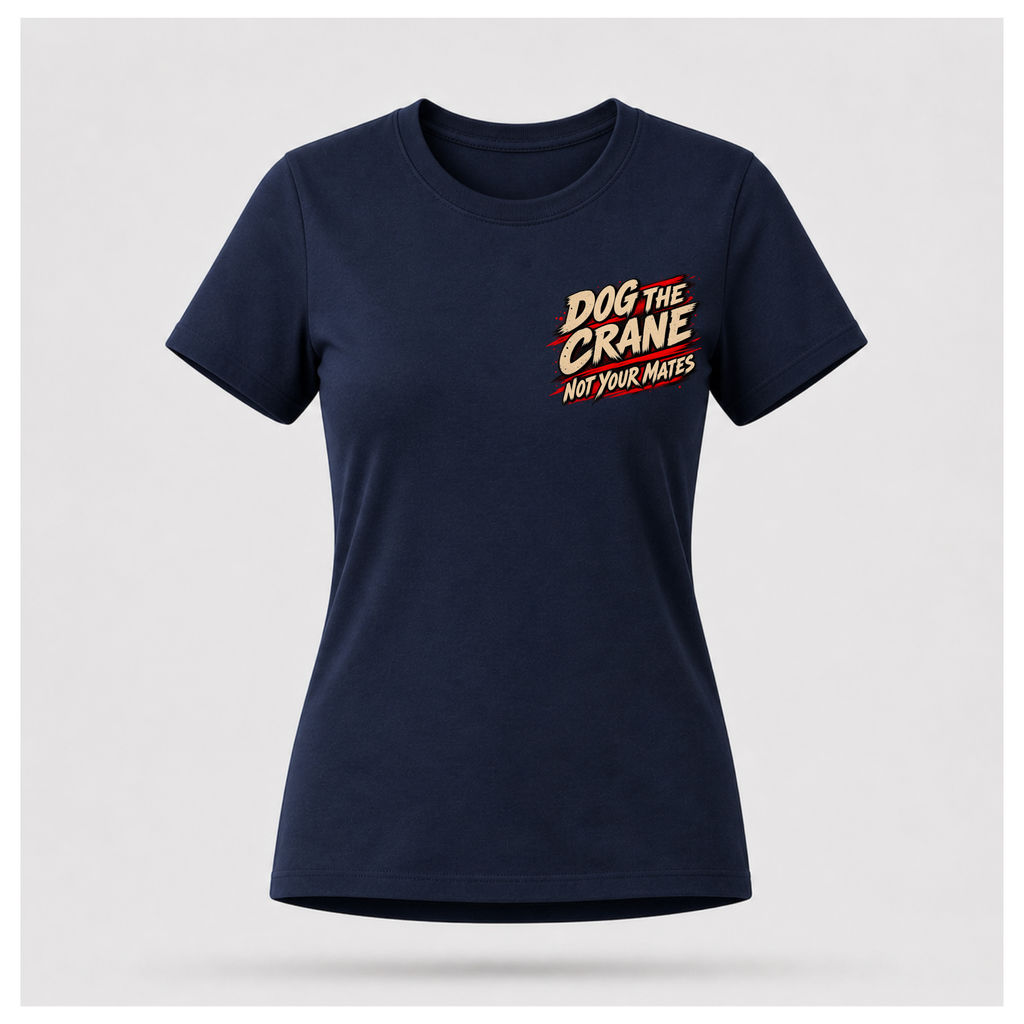 Female form floating navy blue Dog the Crane Not Your Mates T-shirt, front view, featuring the smaller distressed text design on the chest, by RIOTTEES.