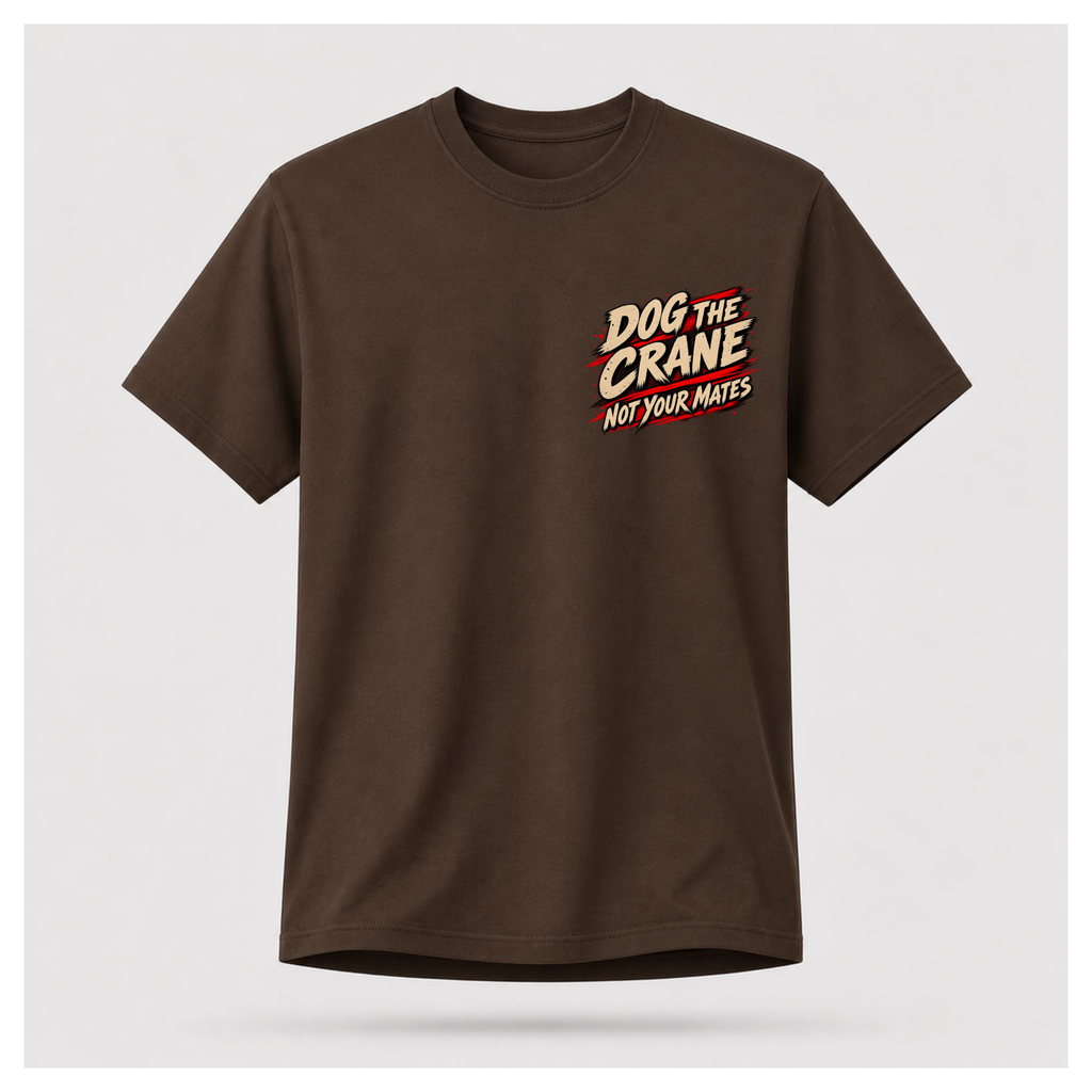 Chocolate brown floating men's T-shirt, front view, with small Dog the Crane Not Your Mates graphic on the left chest, by RIOTTEES.