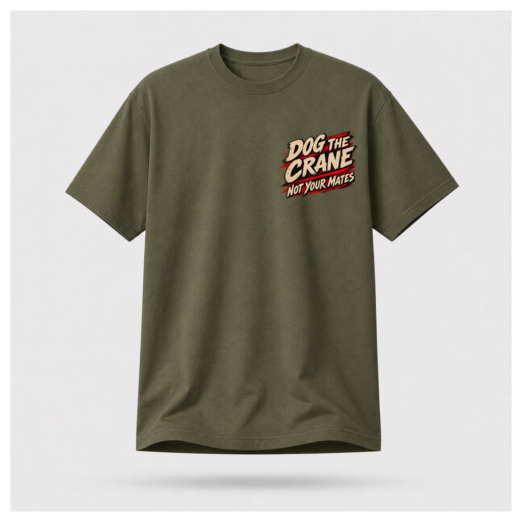 Military green floating men's T-shirt, front view, with small Dog the Crane Not Your Mates graphic on the left chest, by RIOTTEES.