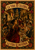 Vintage-style illustrated poster of a lively Spanish street celebration at night, with musicians, dancers, and a shared table, framed by floral borders and two banners reading "La vida se celebra" and "La vida se defiende."